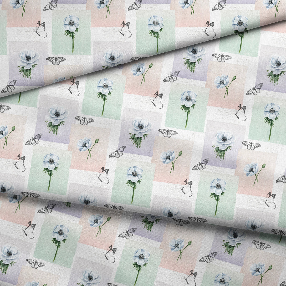 Danielle Murray White Anemones and Butterflies on Pastel Frames Fabric