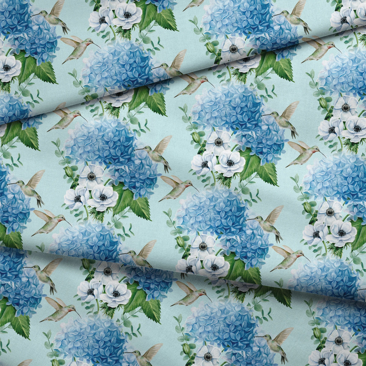 Danielle Murray Hydrangeas and Hummingbirds on Blue Fabric