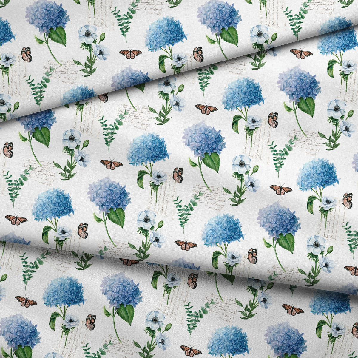 Danielle Murray Blue Florals and Butterflies on White Fabric