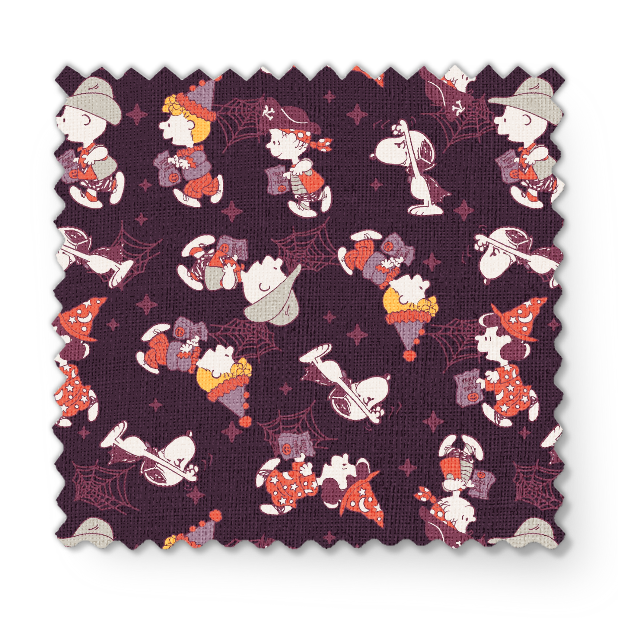 Snoopy and Peanuts characters in Halloween costumes scattered on dark purple background fabric swatch mockup