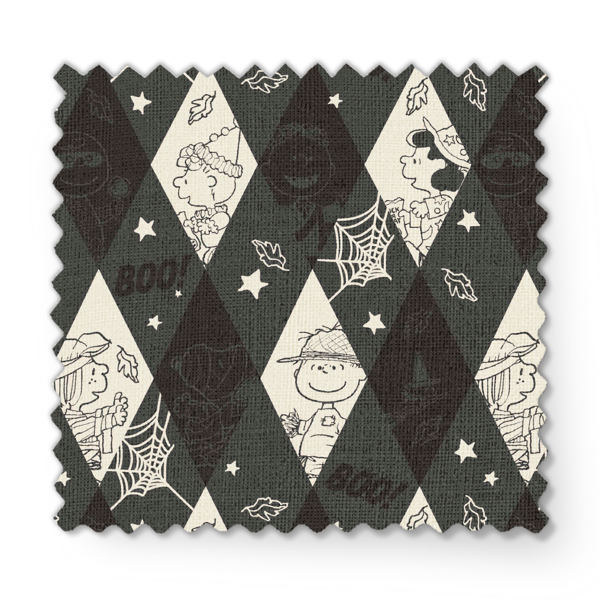 Diamond pattern with Peanuts characters and Halloween motifs in black and cream, featuring spider webs, stars, and "BOO!" text. fabric swatch mockup