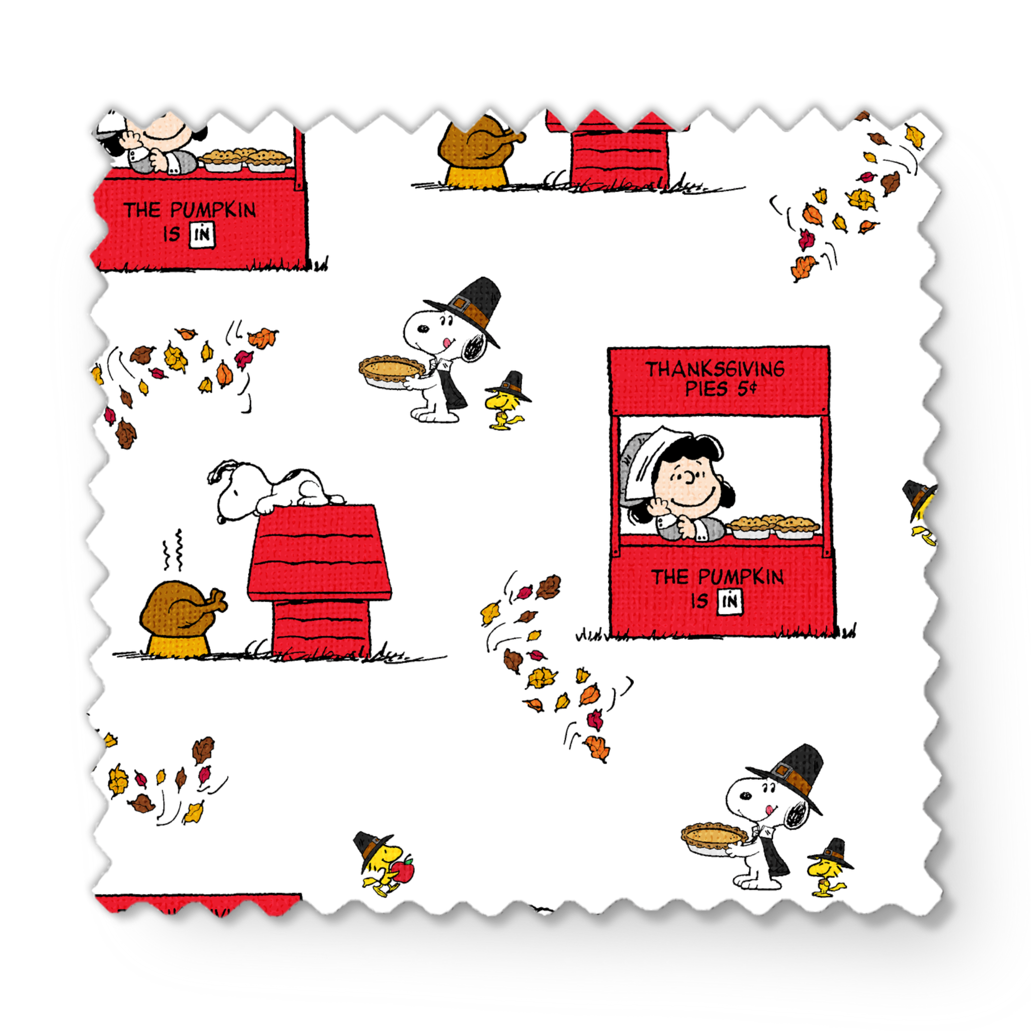 Peanuts Thanksgiving pattern with Snoopy, red booths, doghouses, and falling autumn leaves on white background fabric swatch mockup