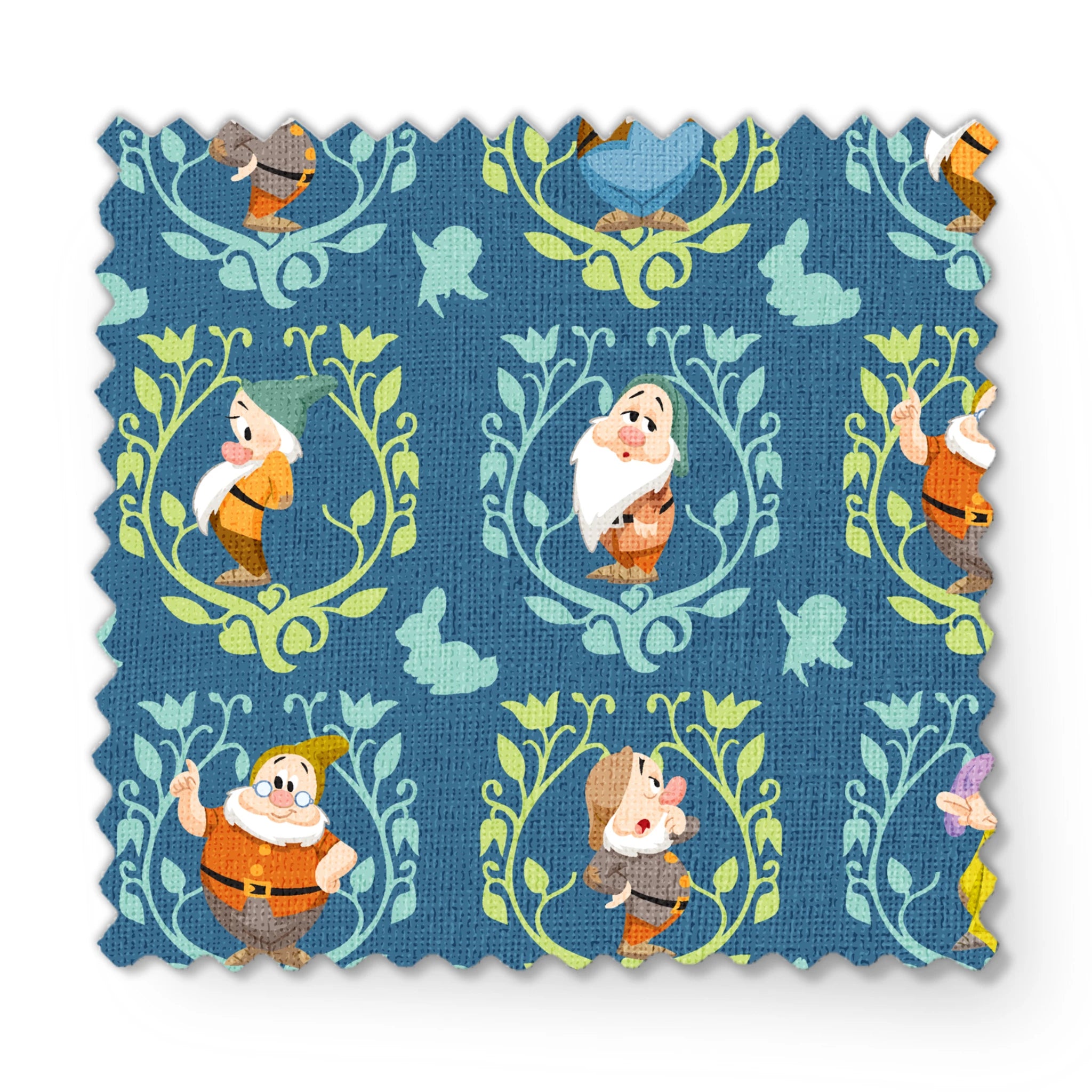 Pattern of cartoon birds in decorative oval frames on blue background with leaf motifs fabric swatch mockup