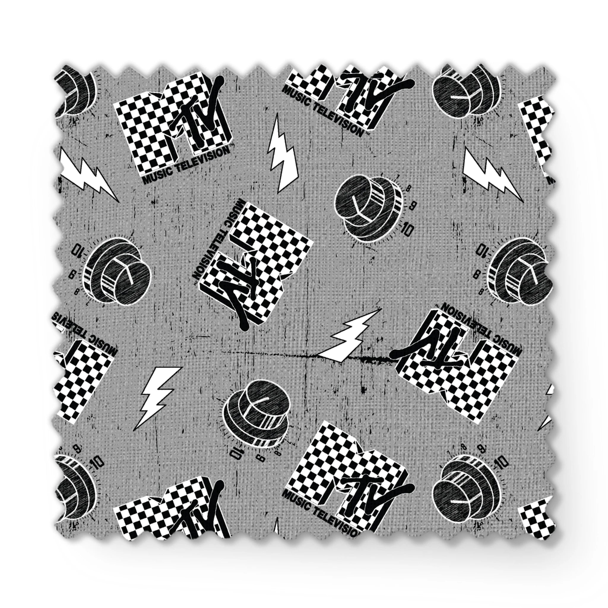 Motorsport pattern with checkered racing flags, lightning bolts, and helmets on gray background fabric swatch mockup