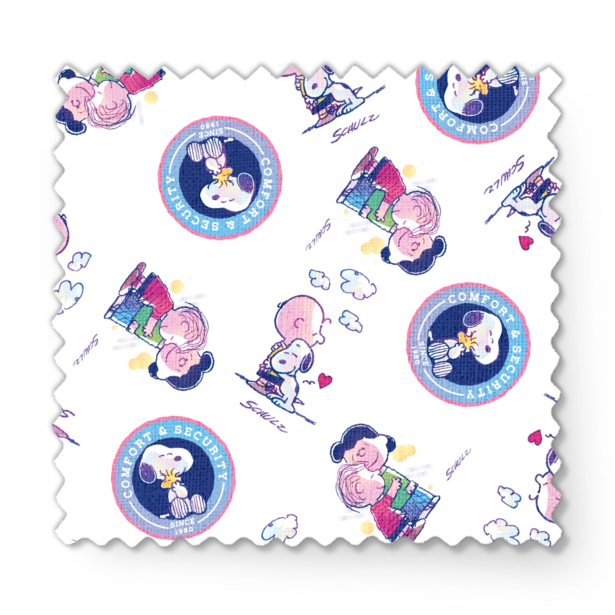 Peanuts cartoon pattern with Snoopy in blue circles and Charlie Brown with books on white background fabric swatch mockup