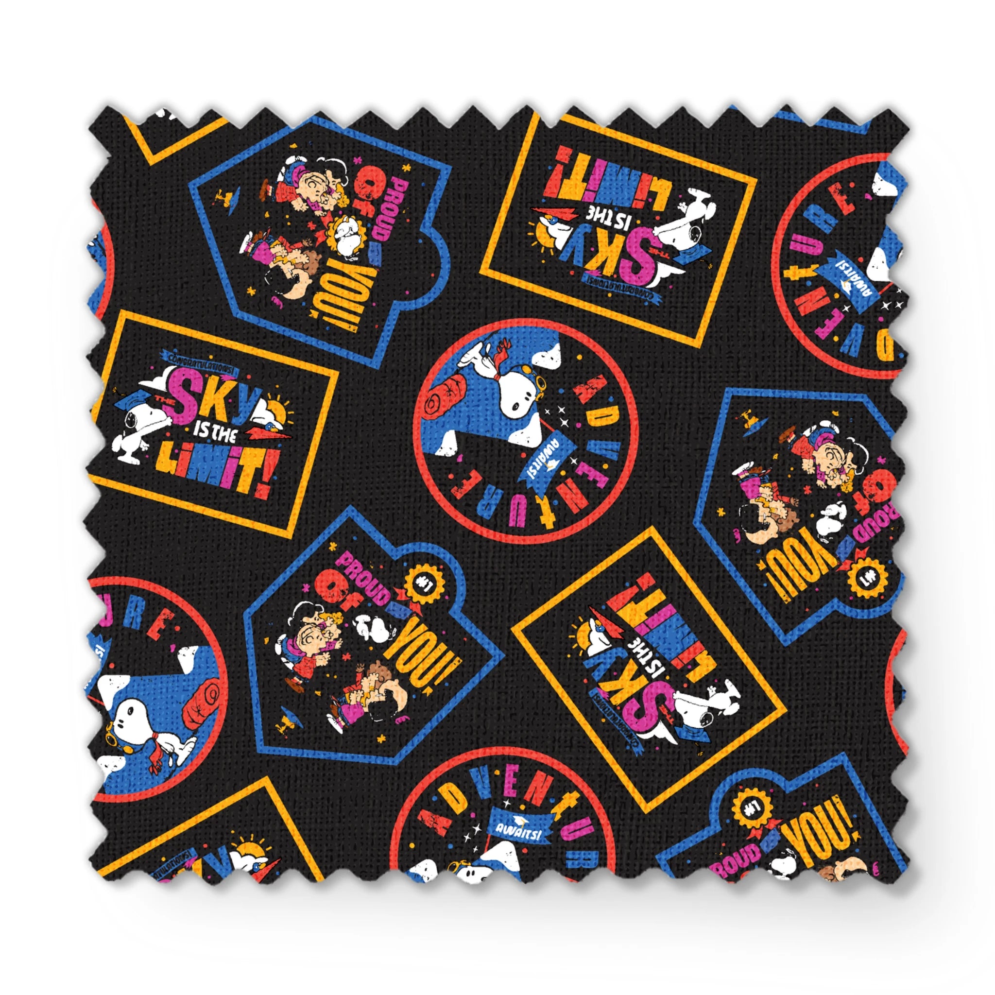 Colorful Peanuts character patches in various shapes on black background, featuring animated figures in vibrant colors fabric swatch mockup