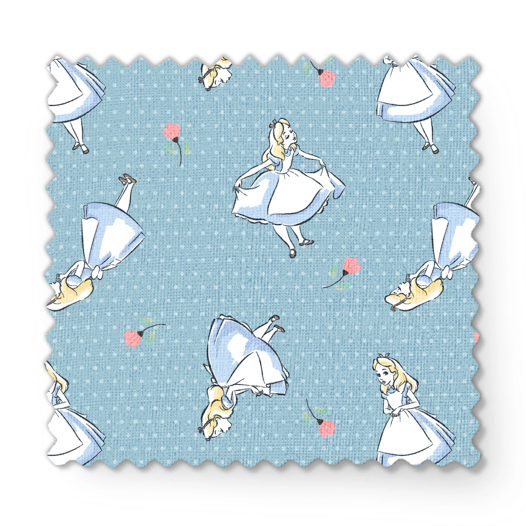 Blue polka dot pattern with illustrated characters in blue dresses and small pink flowers scattered throughout. fabric swatch mockup