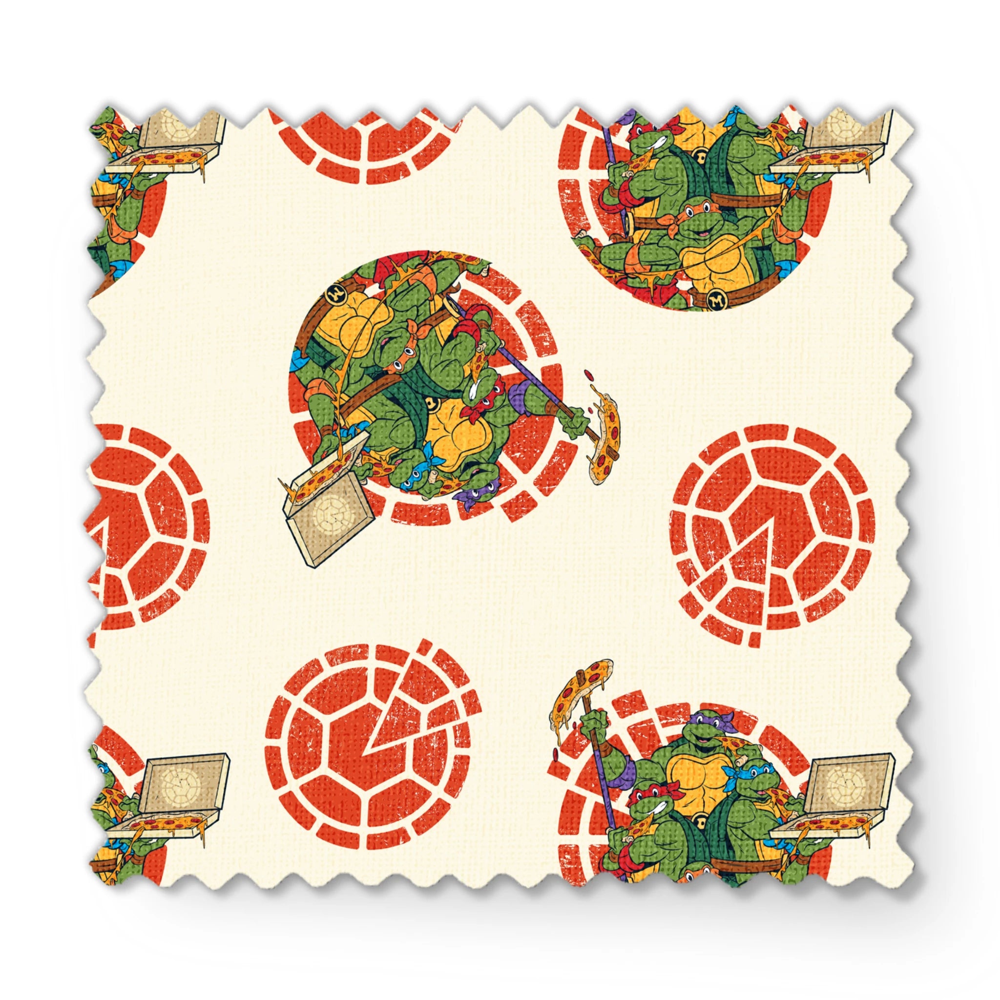 TMNT characters in circular formations on cream background with red shell pattern fabric swatch mockup