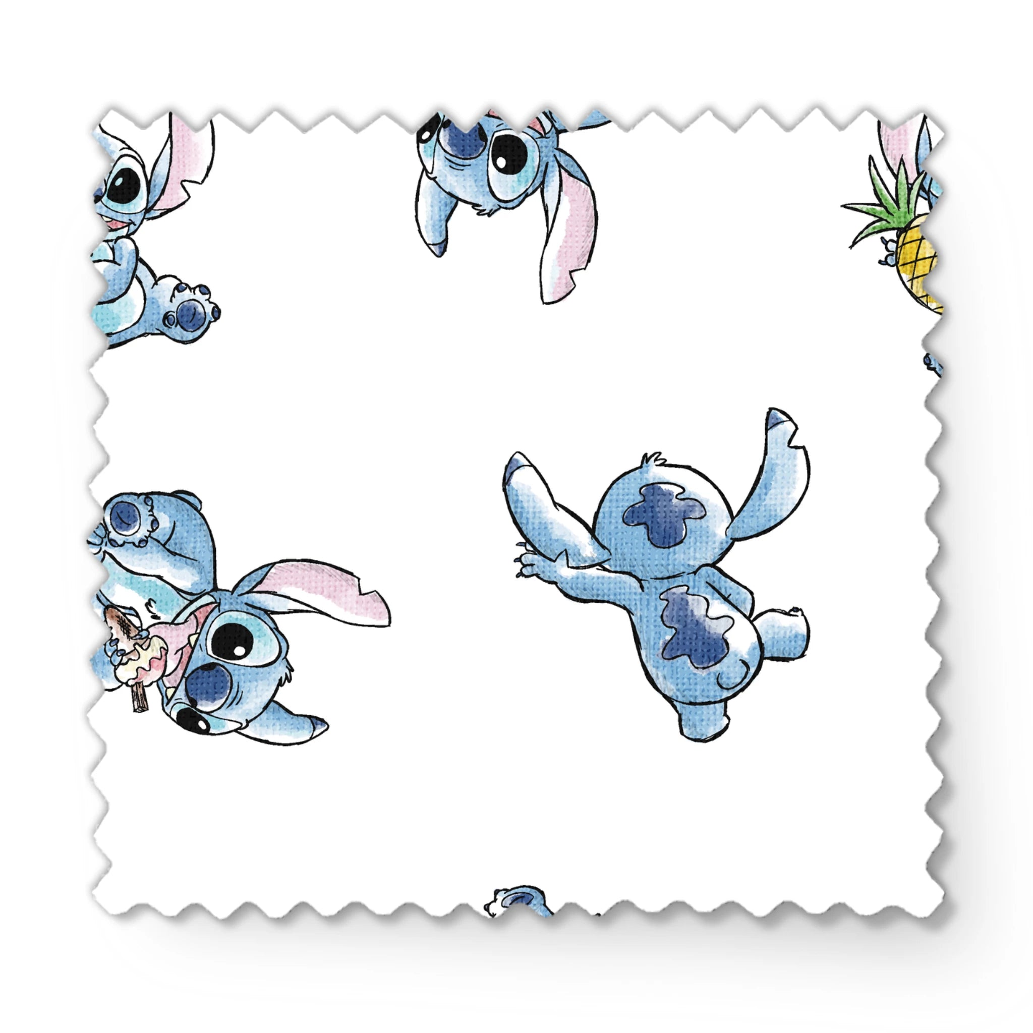 Disney's Stitch in various playful poses, some holding pineapples, on white background fabric swatch mockup