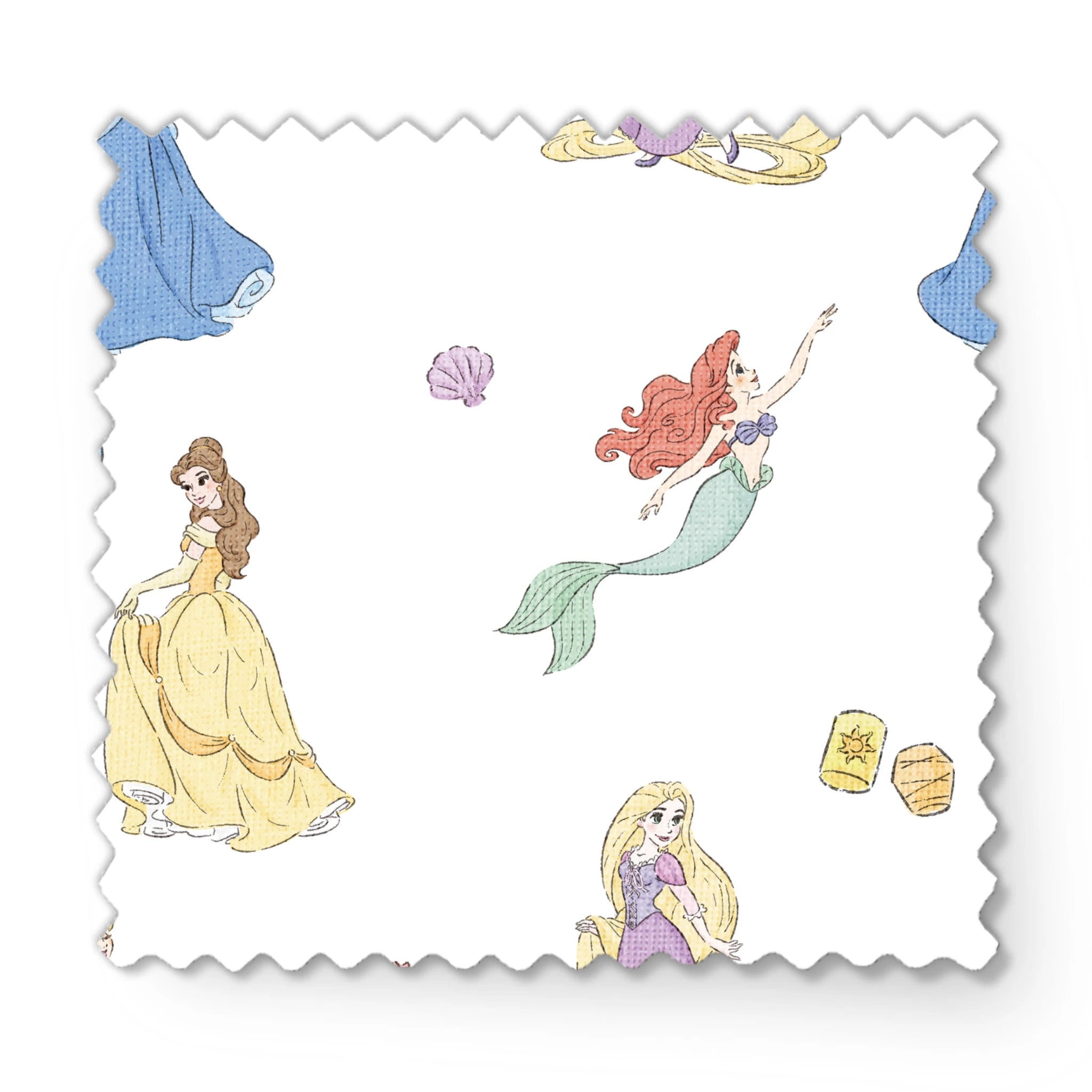 Disney princesses pattern with yellow gown, mermaid with tail, purple dress, roses and shells on light blue background. fabric swatch mockup