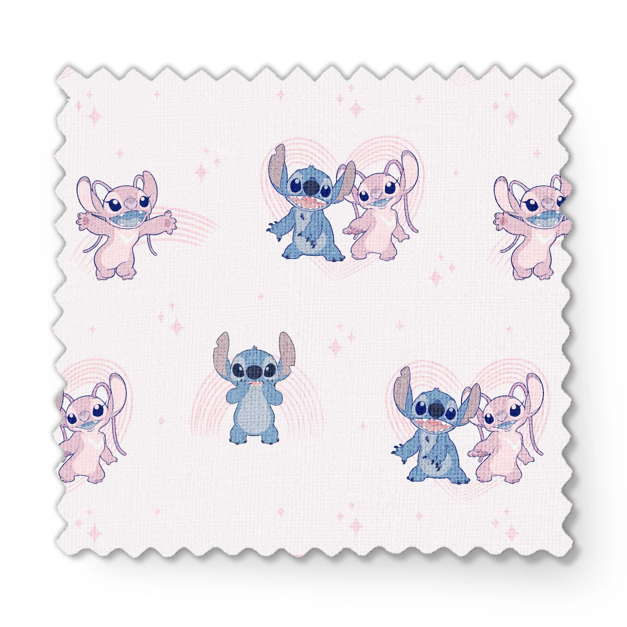 Cartoon pattern of blue and pink Stitch characters from Lilo & Stitch with playful poses on pale background fabric swatch mockup