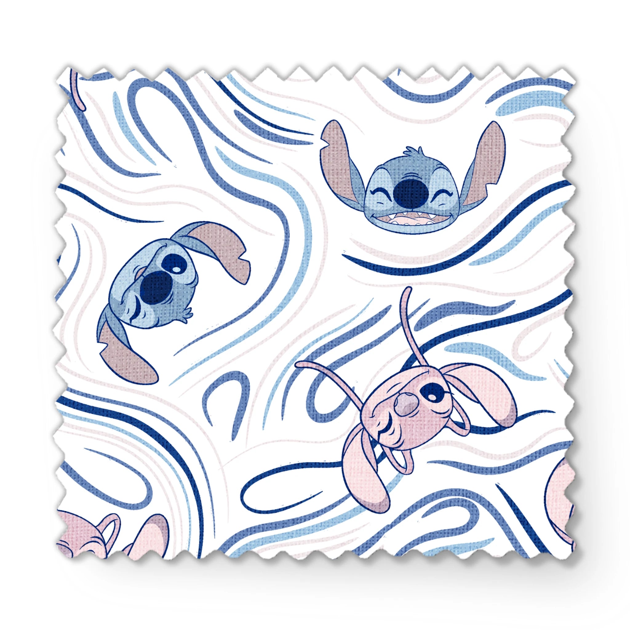 Blue alien character with large ears in various poses on swirling blue and white pattern background fabric swatch mockup