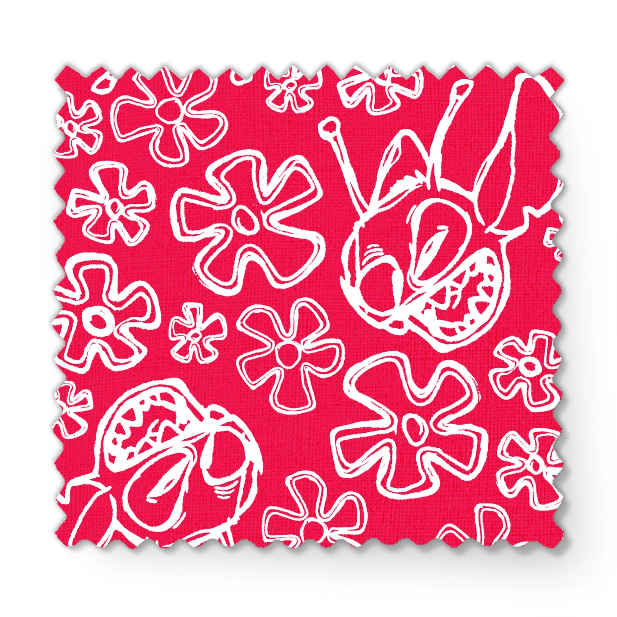 White flower doodles and Disney's Stitch on bright red background, hand-drawn style pattern fabric swatch mockup
