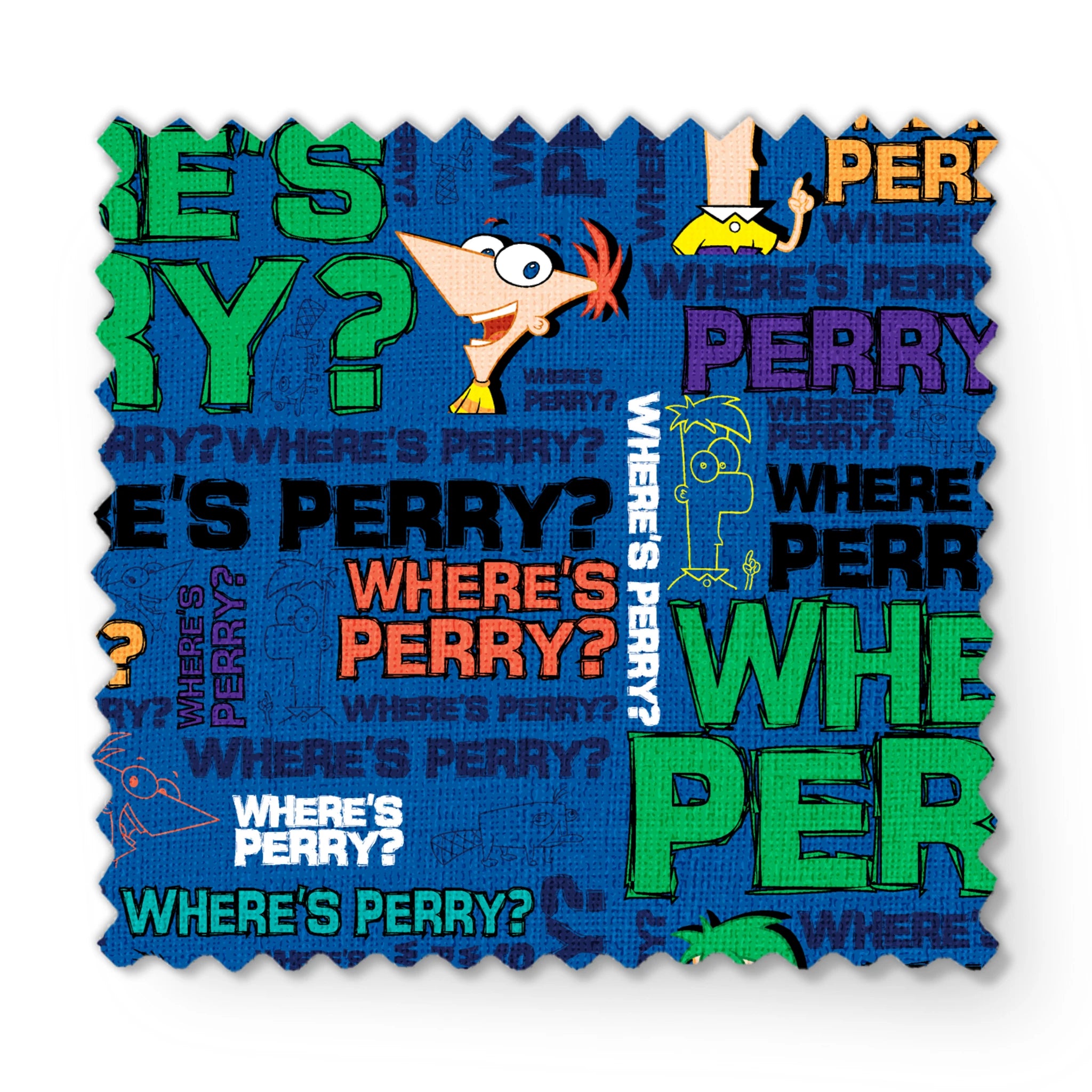 Phineas & Ferb pattern with "WHERE'S PERRY?" text repeated in various colors on blue background fabric swatch mockup