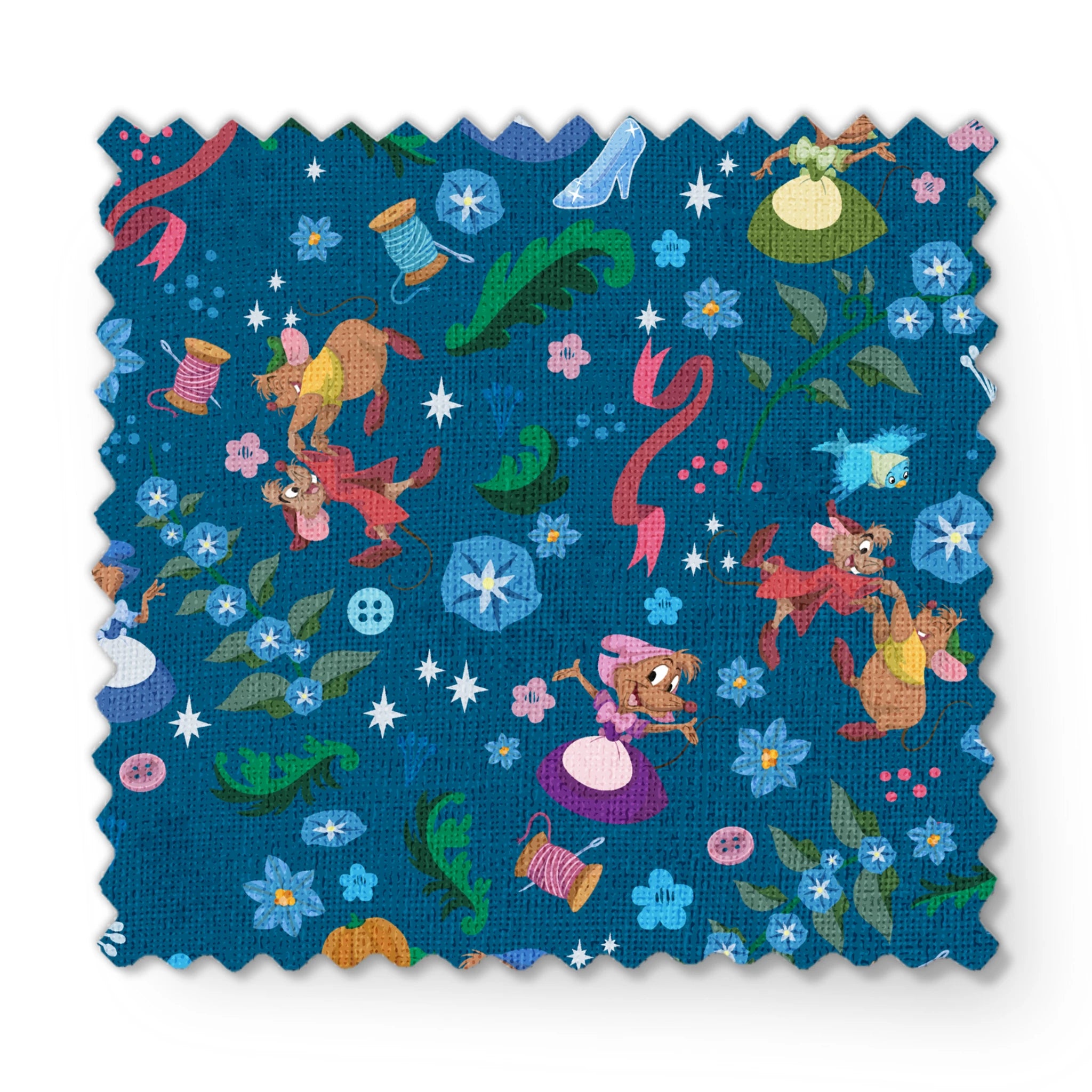 Colorful fairy tale pattern with mice, glass slippers, pumpkins, and floral elements on deep blue background fabric swatch mockup