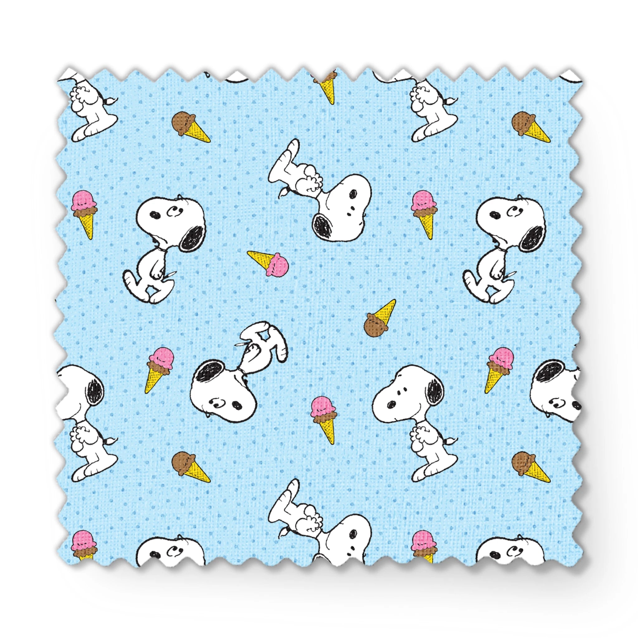 Snoopy pattern on light blue background with ice cream cones and small white dots fabric swatch mockup