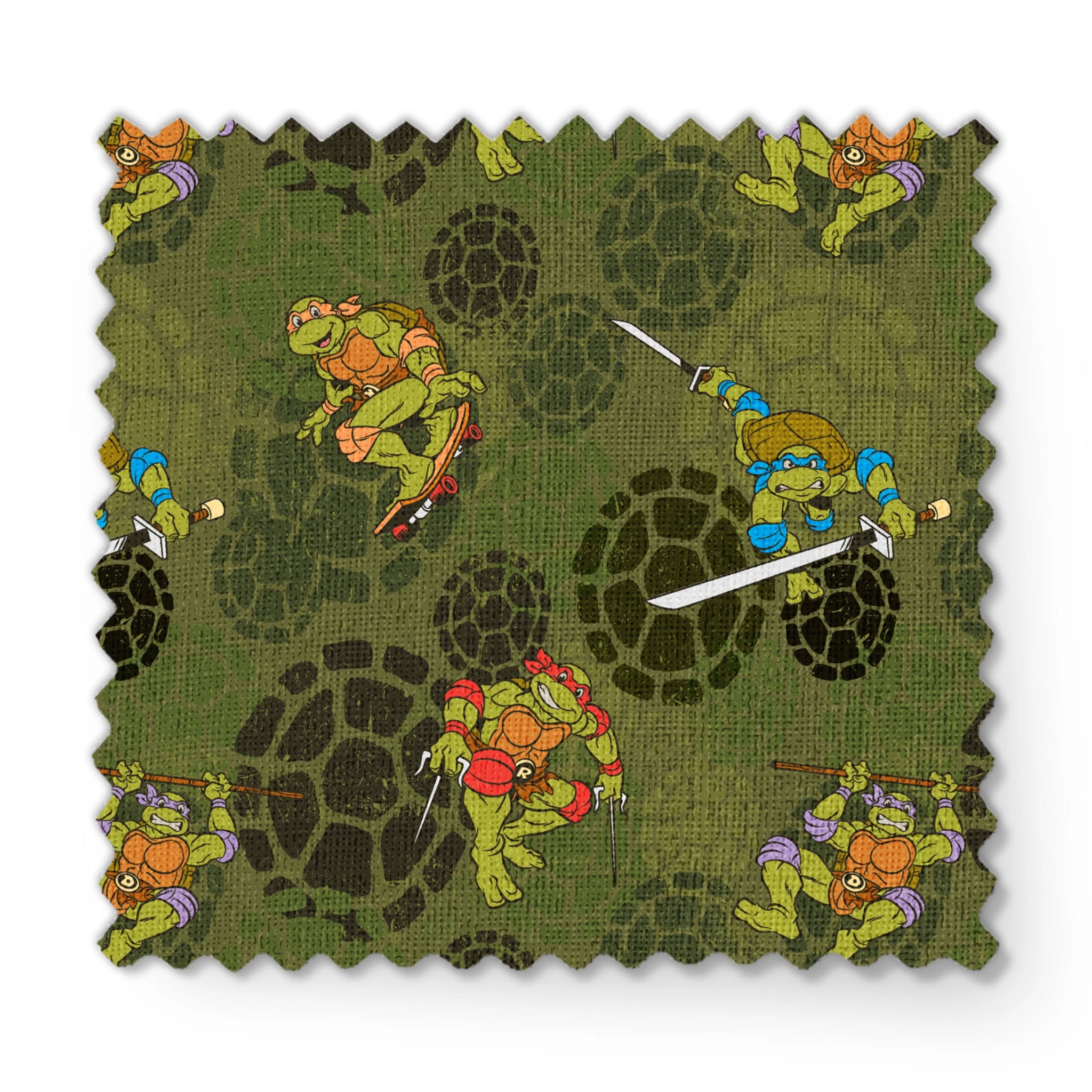 Teenage Mutant Ninja Turtles characters in action poses on green background with turtle shell patterns fabric swatch mockup