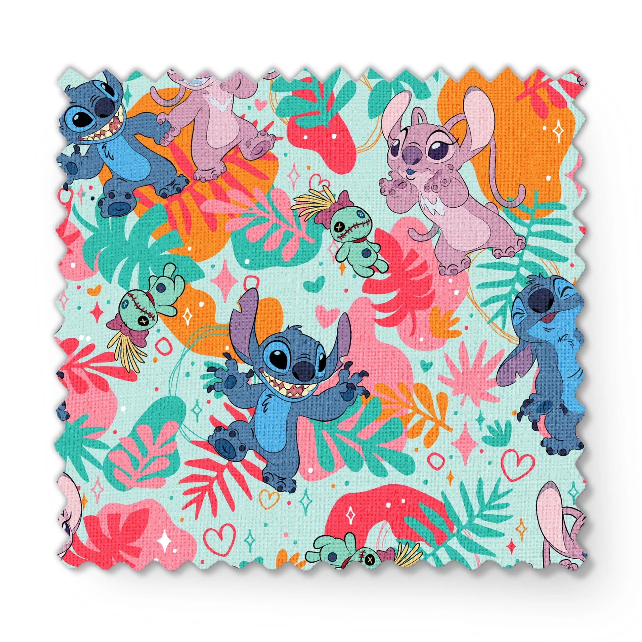 Colorful Stitch pattern with characters from Lilo & Stitch amid tropical leaves on turquoise background fabric swatch mockup