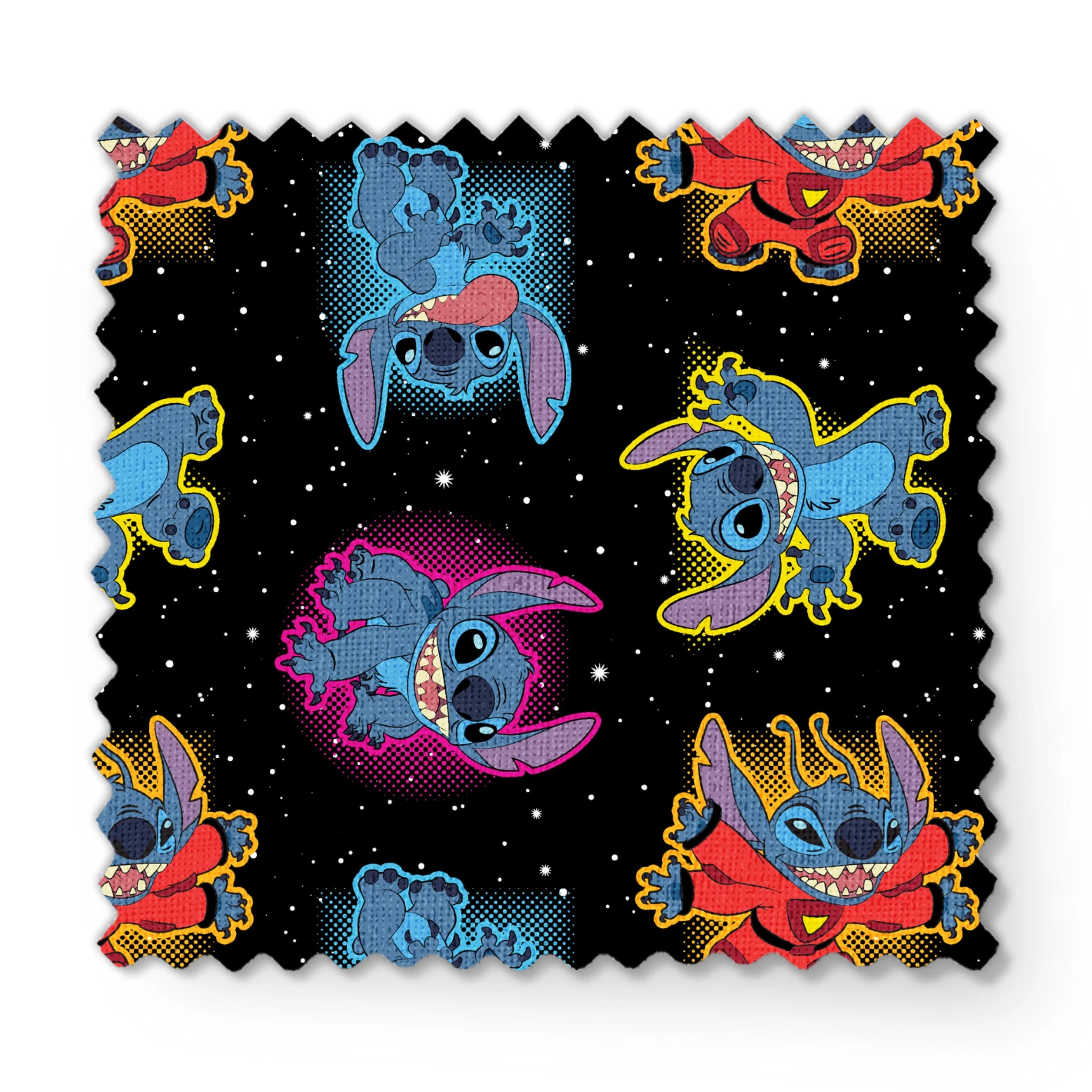 Colorful Stitch with pink accents on black starry background pattern fabric swatch mockup