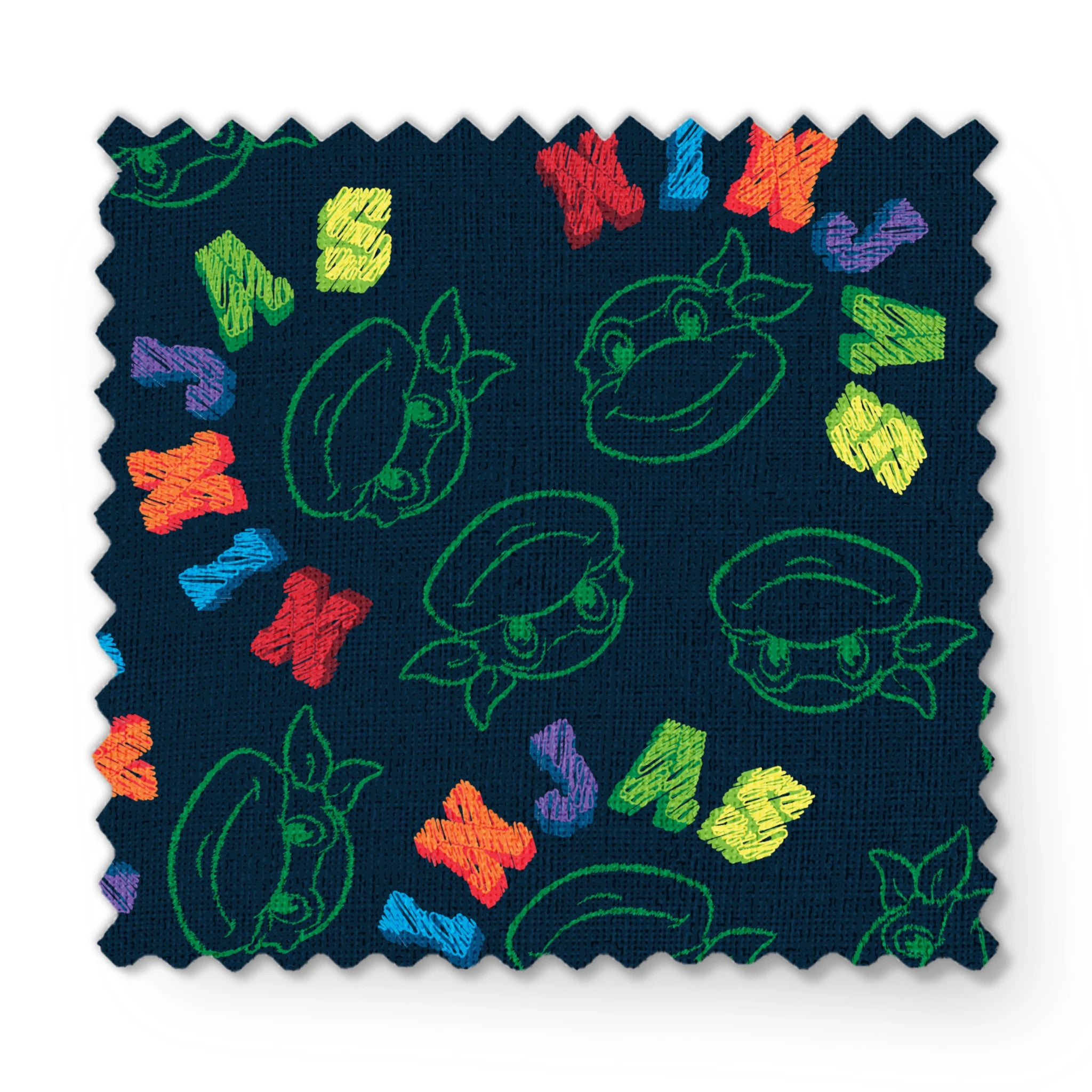 Colorful Ninja Turtles pattern with green outlines on dark blue background fabric swatch mockup