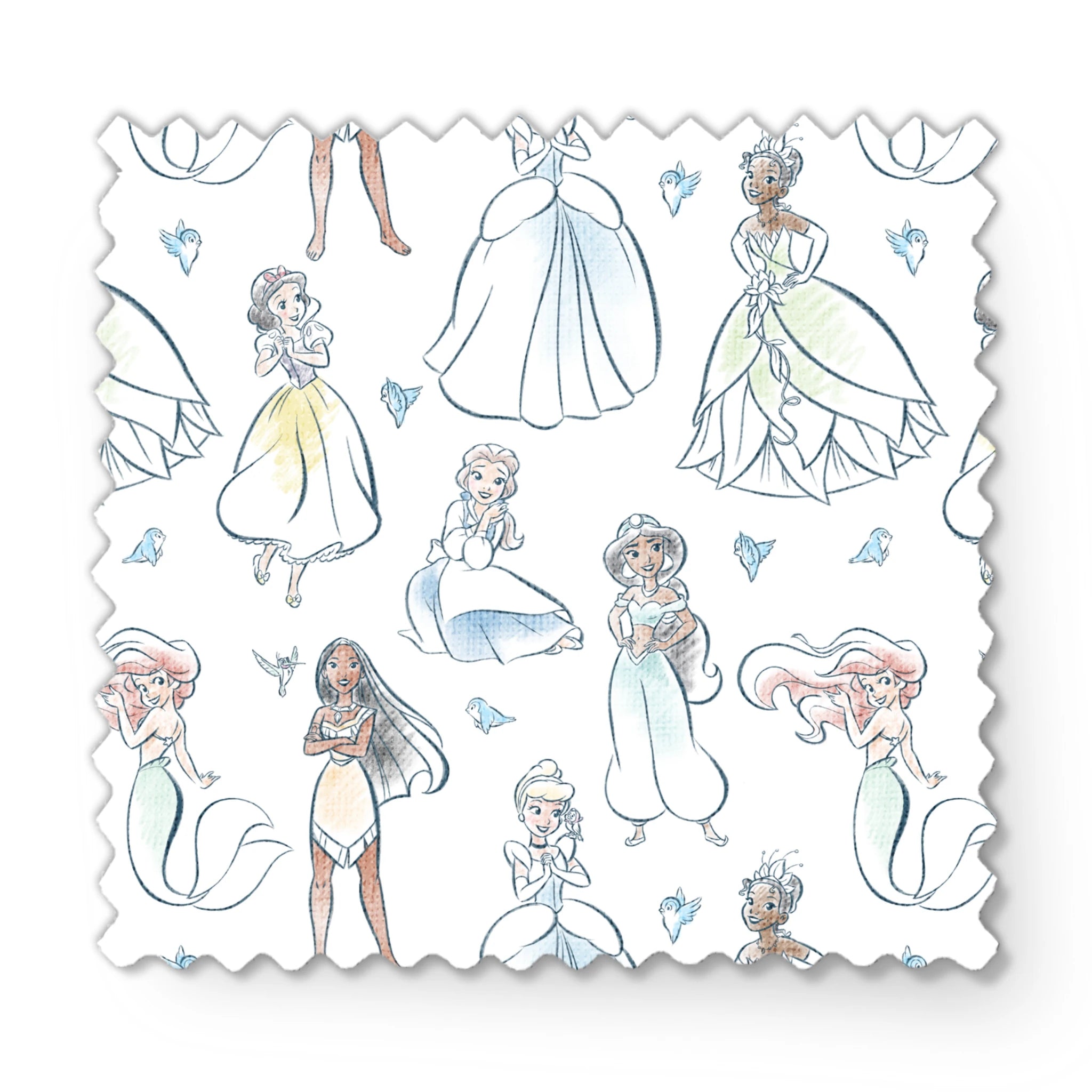 Illustrated pattern of Disney princesses in elegant dresses with sparkles on light background fabric swatch mockup