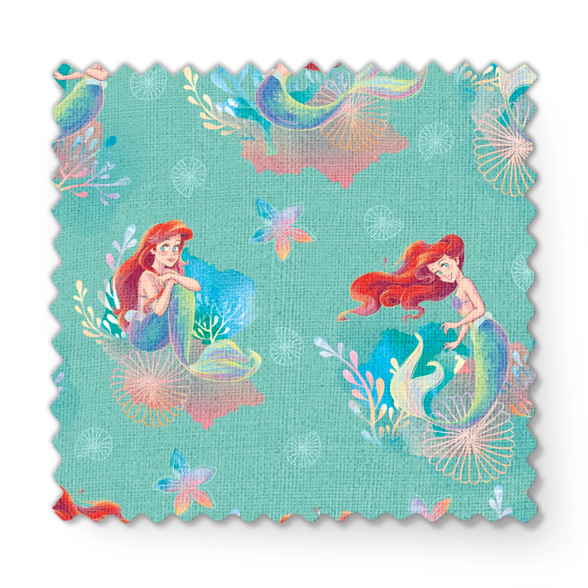 Whimsical teal pattern featuring mermaids with red hair, seashells, starfish, and coral in pastel colors fabric swatch mockup
