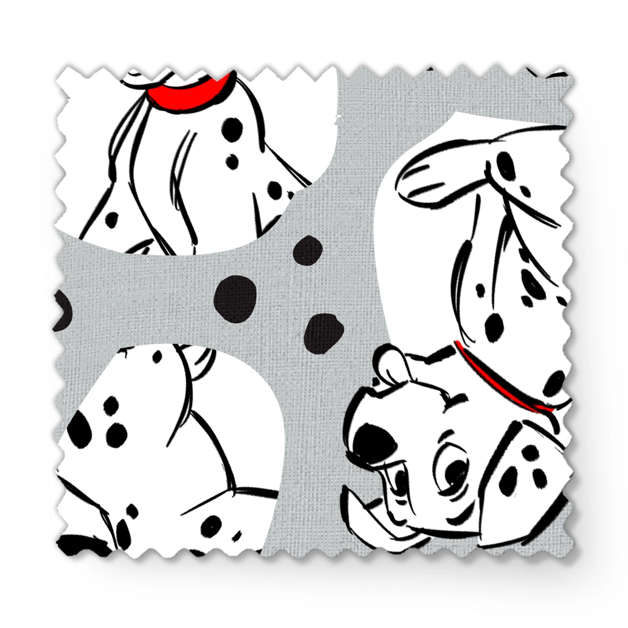 Cartoon Dalmatian dogs with red collars on gray background with black spots pattern fabric swatch mockup
