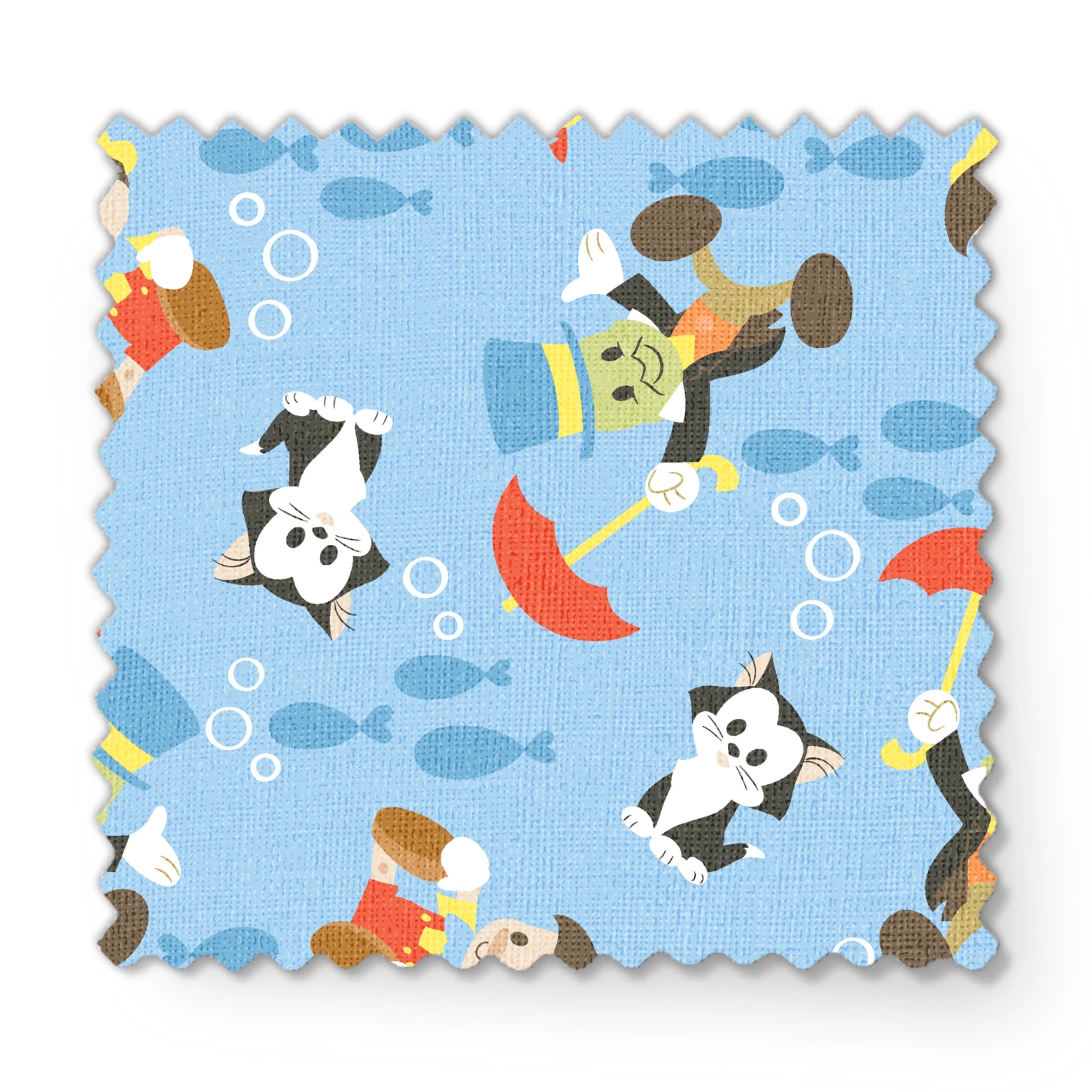 Cartoon animals swimming underwater with fish, bubbles, and snorkeling gear on blue background fabric swatch mockup