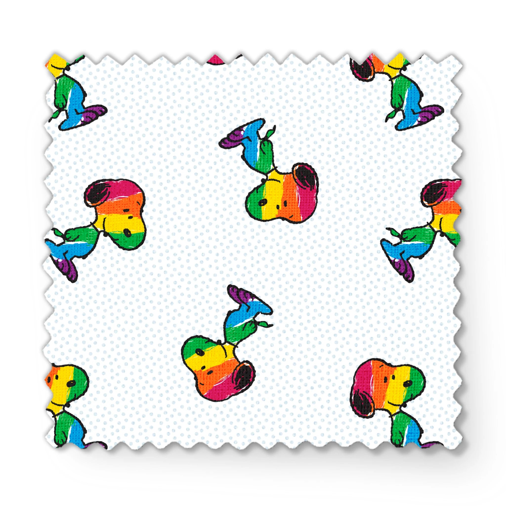 Colorful rainbow Snoopy in various poses on a dotted white background fabric swatch mockup