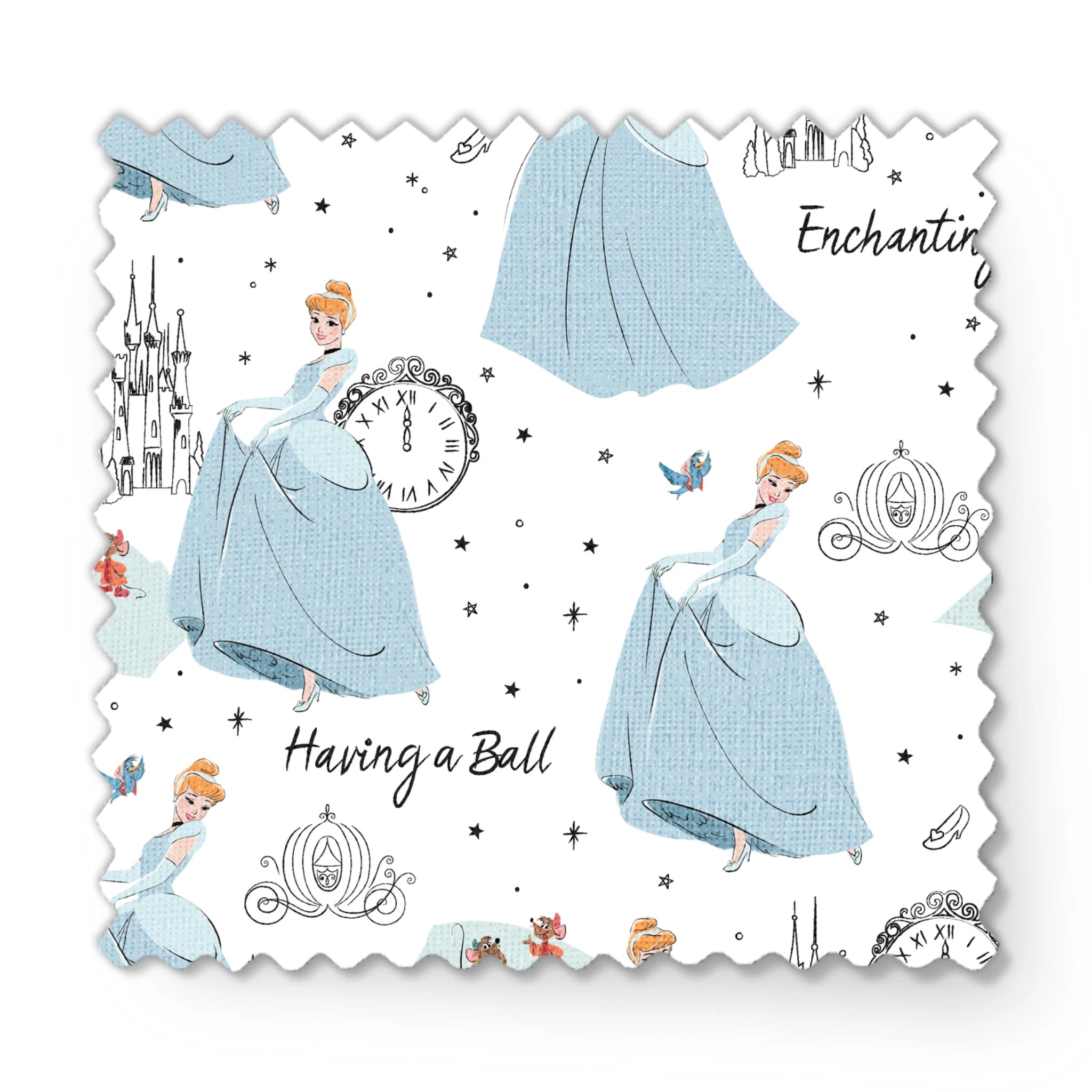 Whimsical pattern featuring cartoon princess in blue gown, clocks, castles, carriages and "Enchanting" text on white background fabric swatch mockup