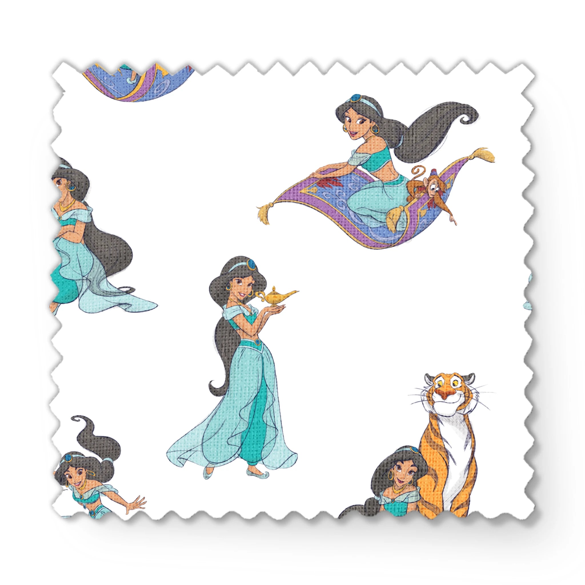 Cartoon pattern featuring a princess in teal outfit with long black hair in various poses with a magic carpet and tiger fabric swatch mockup