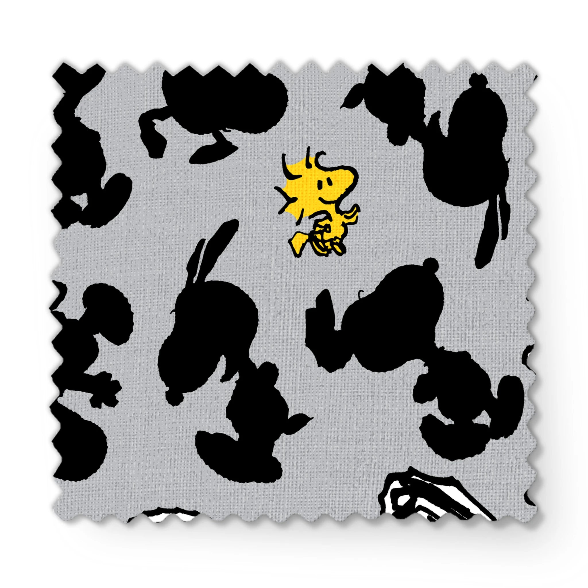 Pattern of Snoopy and Woodstock on gray background with black silhouettes fabric swatch mockup
