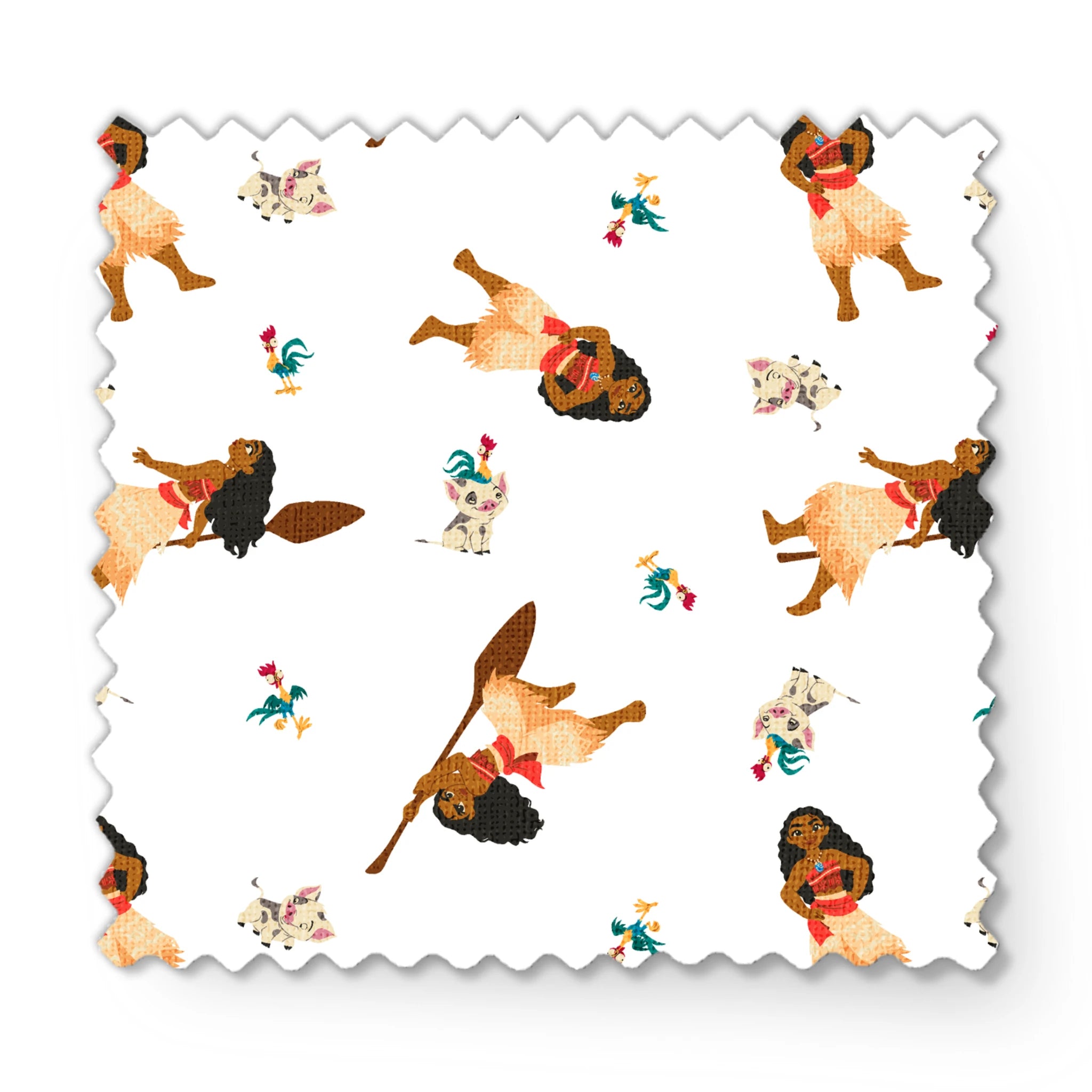 Moana pattern on white background with colorful cartoon animals in repeating design fabric swatch mockup