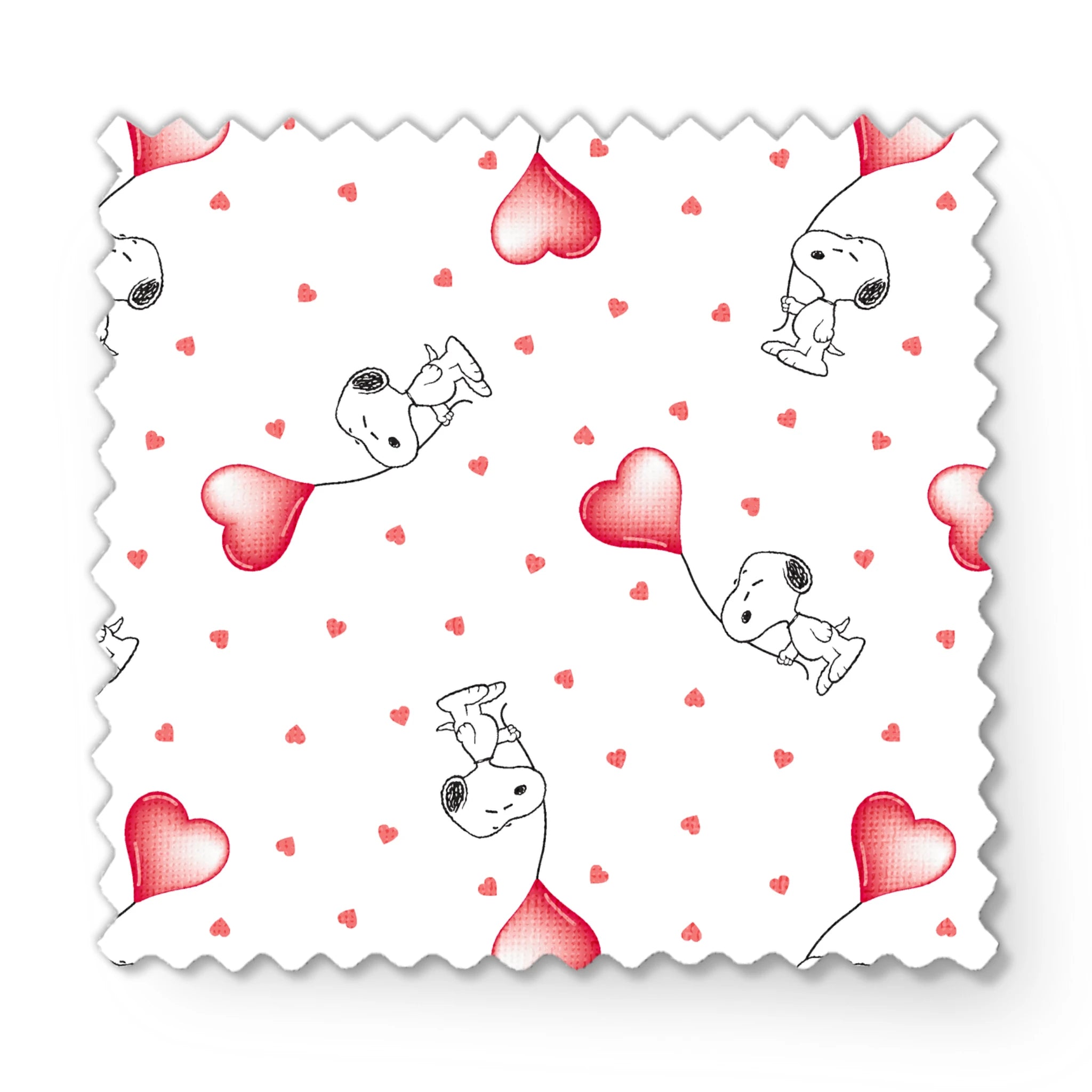 Cute Snoopy holding heart-shaped balloons with small hearts scattered on white background fabric swatch mockup