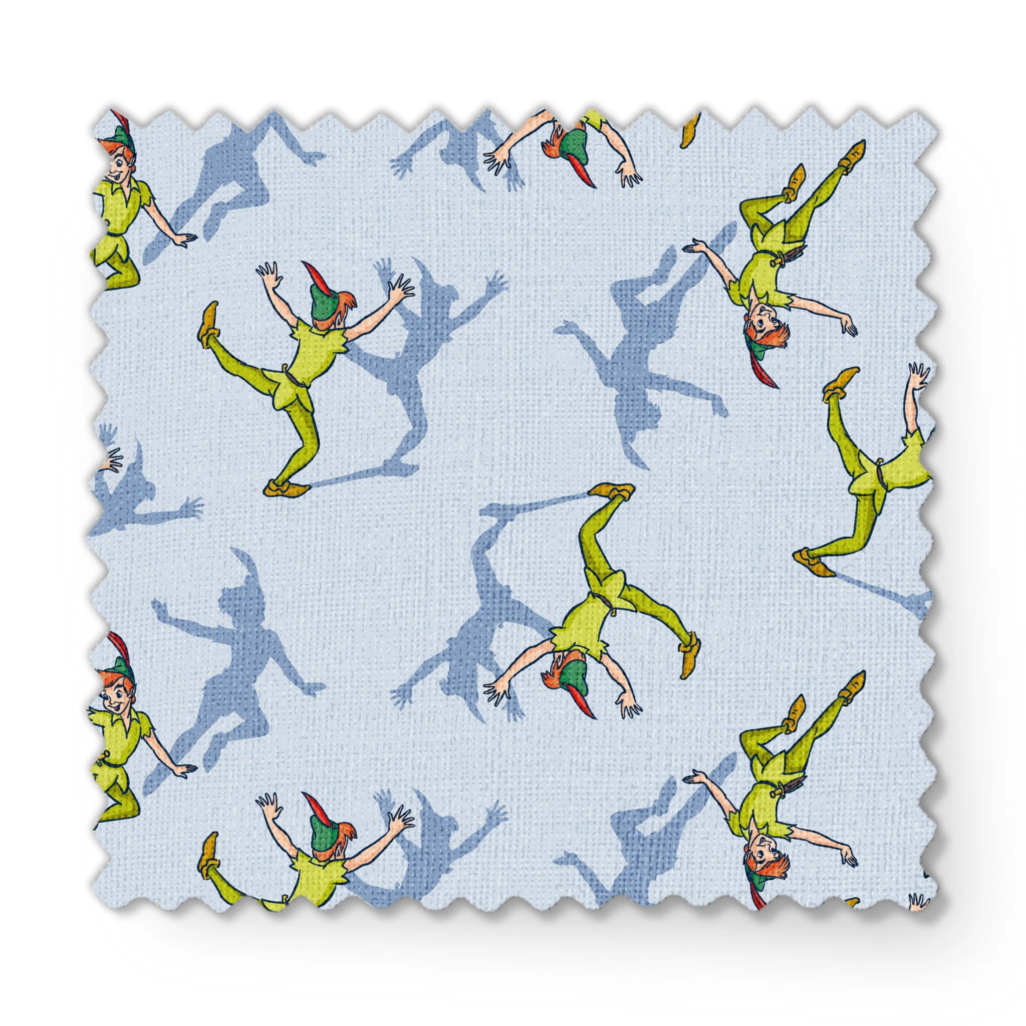 Colorful cartoon figures in bright green outfits with red accents dancing against a light blue background with shadows fabric swatch mockup