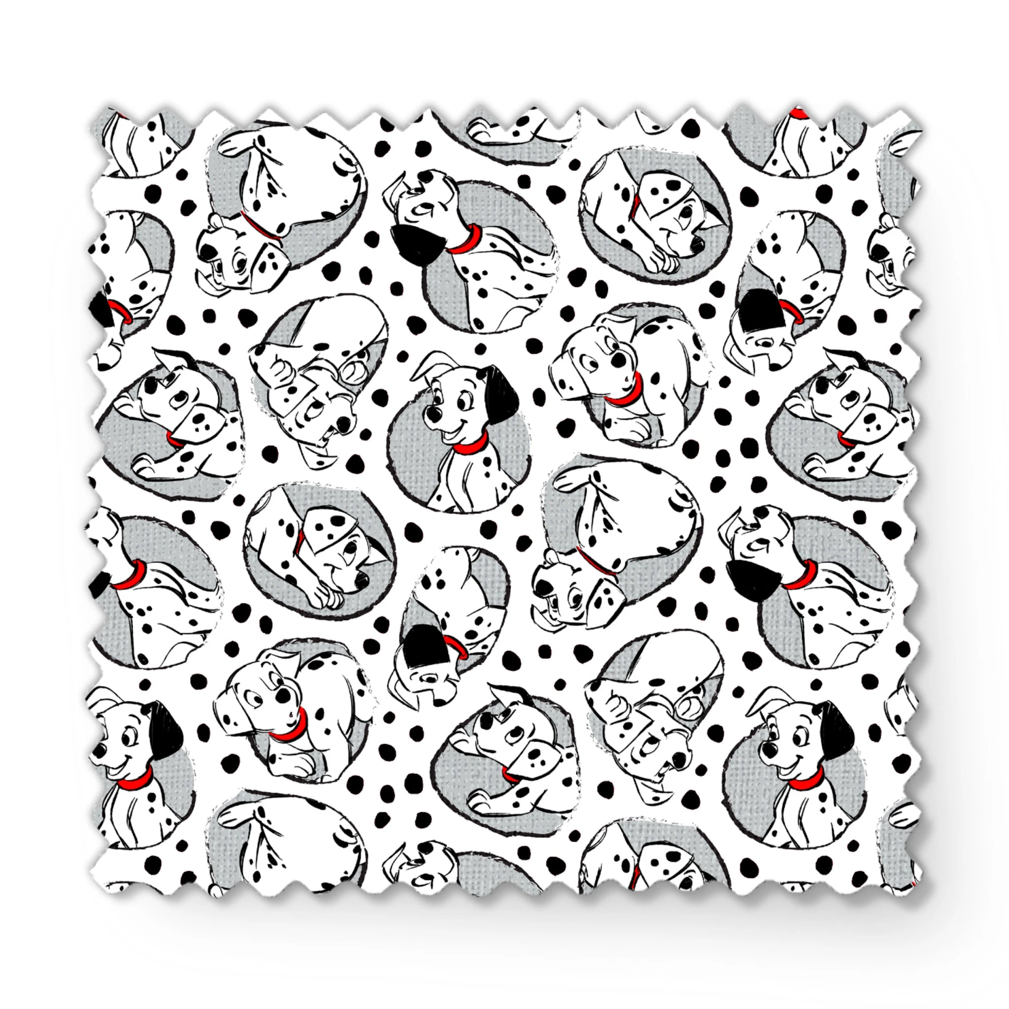 Cartoon pattern of Dalmatian puppies with black spots and red collars on white background fabric swatch mockup