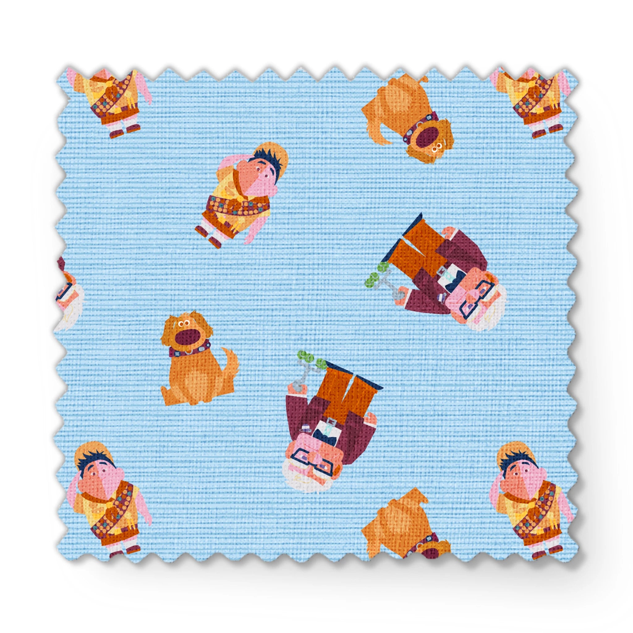 Cartoon characters from Up movie pattern on light blue striped background, featuring colorful illustrations fabric swatch mockup