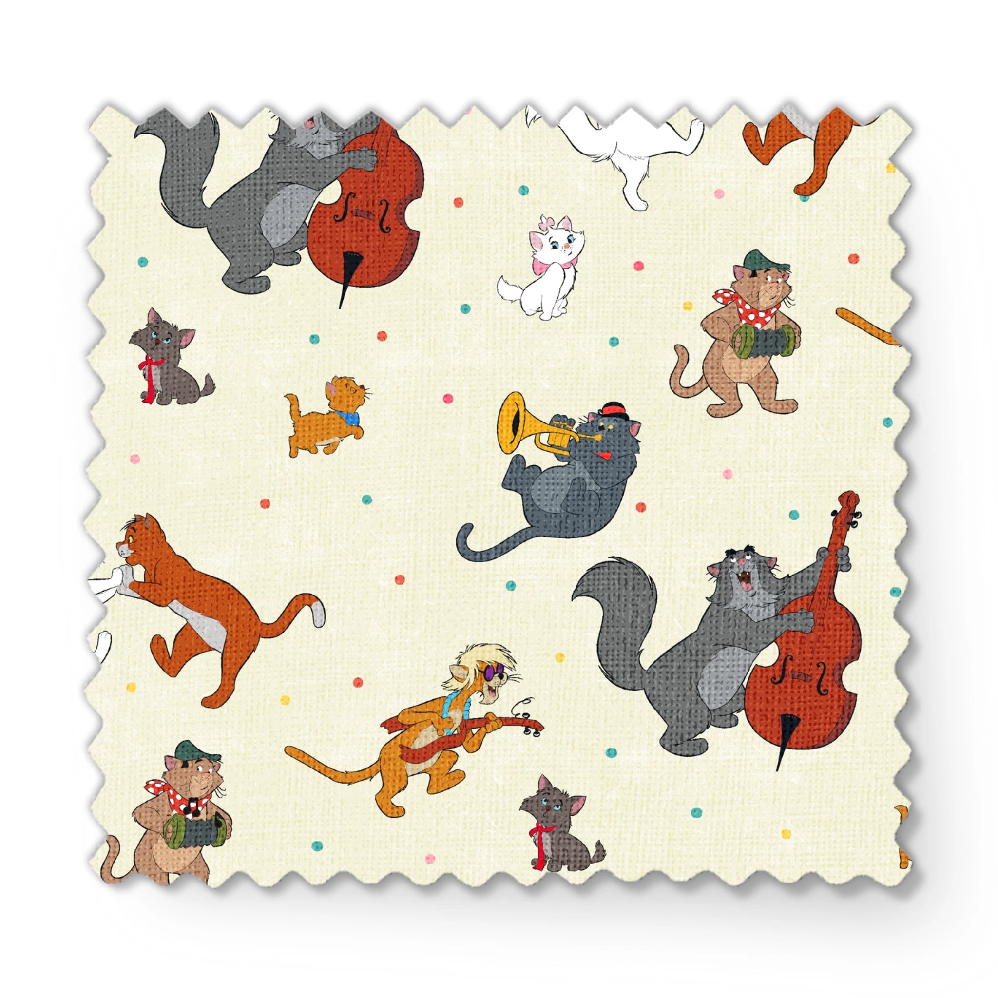 Musical cats and dogs pattern with animals playing instruments on cream background fabric swatch mockup