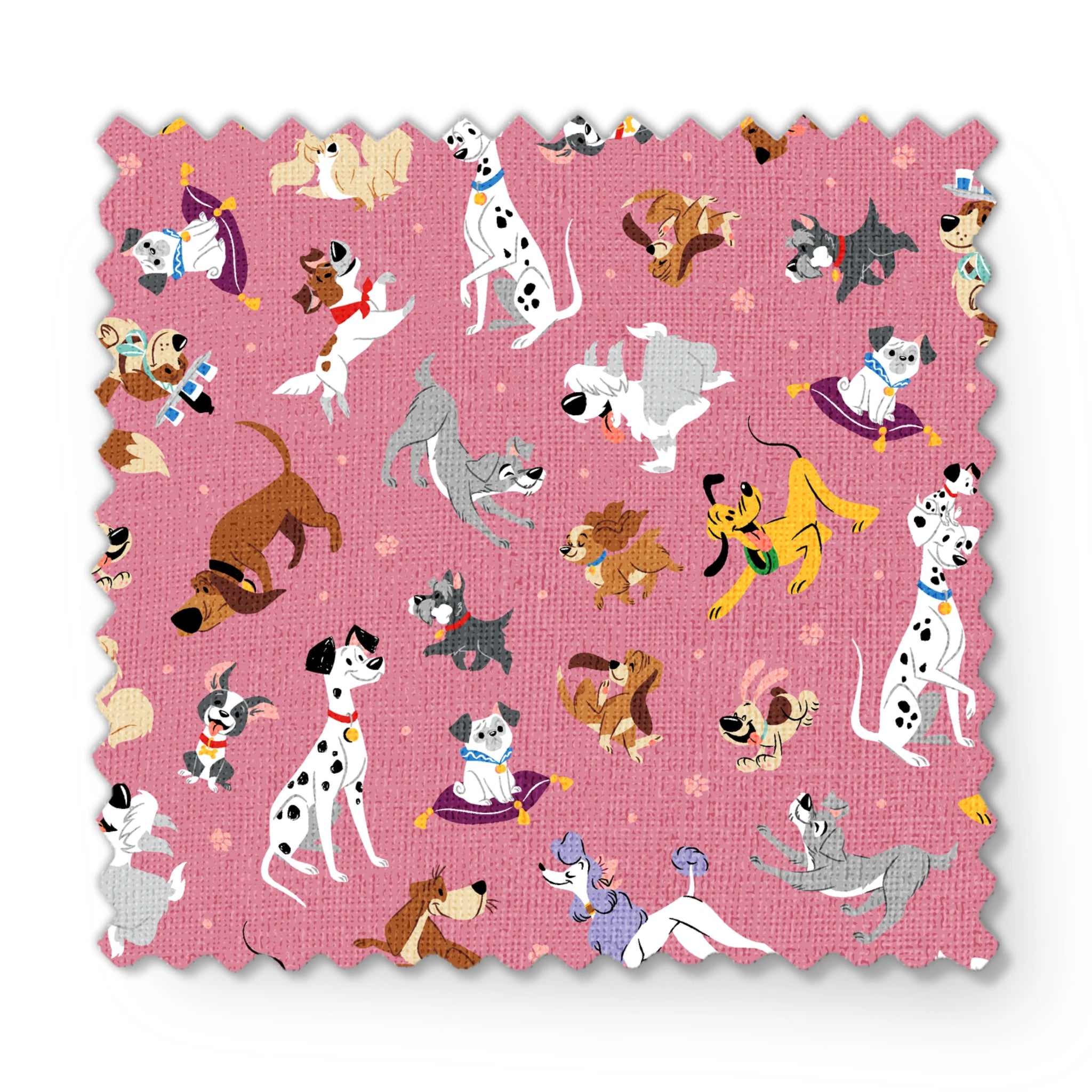 Colorful dog pattern with various cartoon breeds on pink background including dalmatians, terriers, and dachshunds fabric swatch mockup