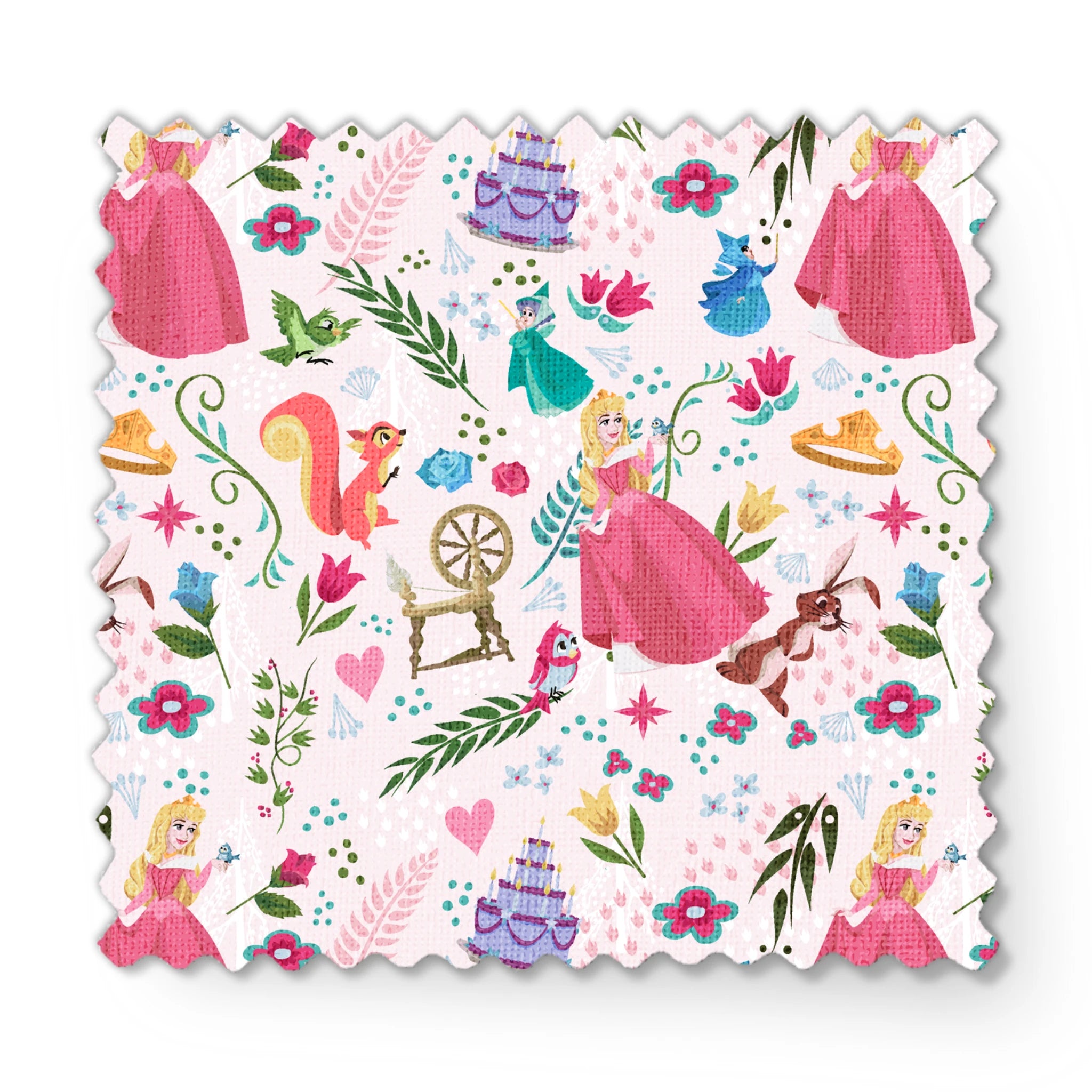 Colorful Sleeping Beauty pattern with Aurora, animals, flowers, spinning wheel, and cake on light background fabric swatch mockup