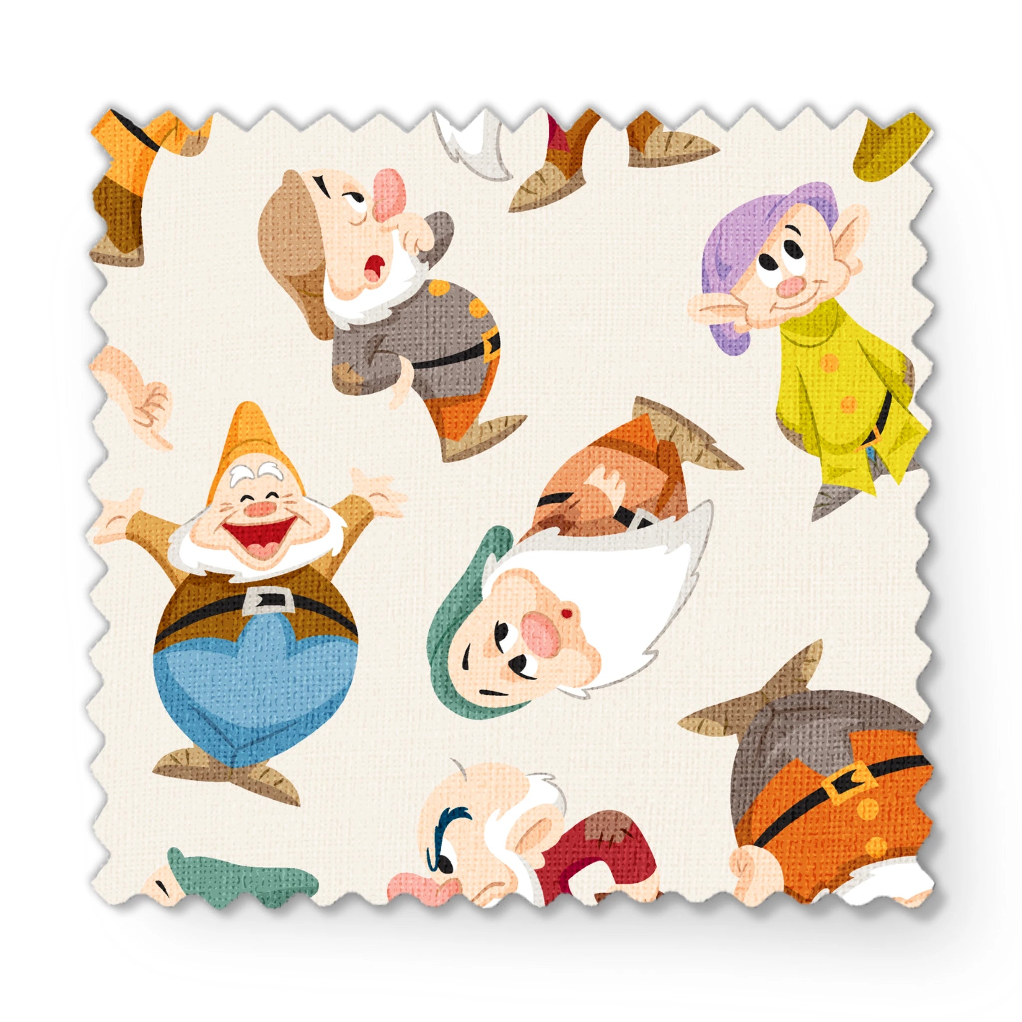 Colorful pattern of small cartoon dwarfs in different colored outfits and hats scattered on cream background fabric swatch mockup