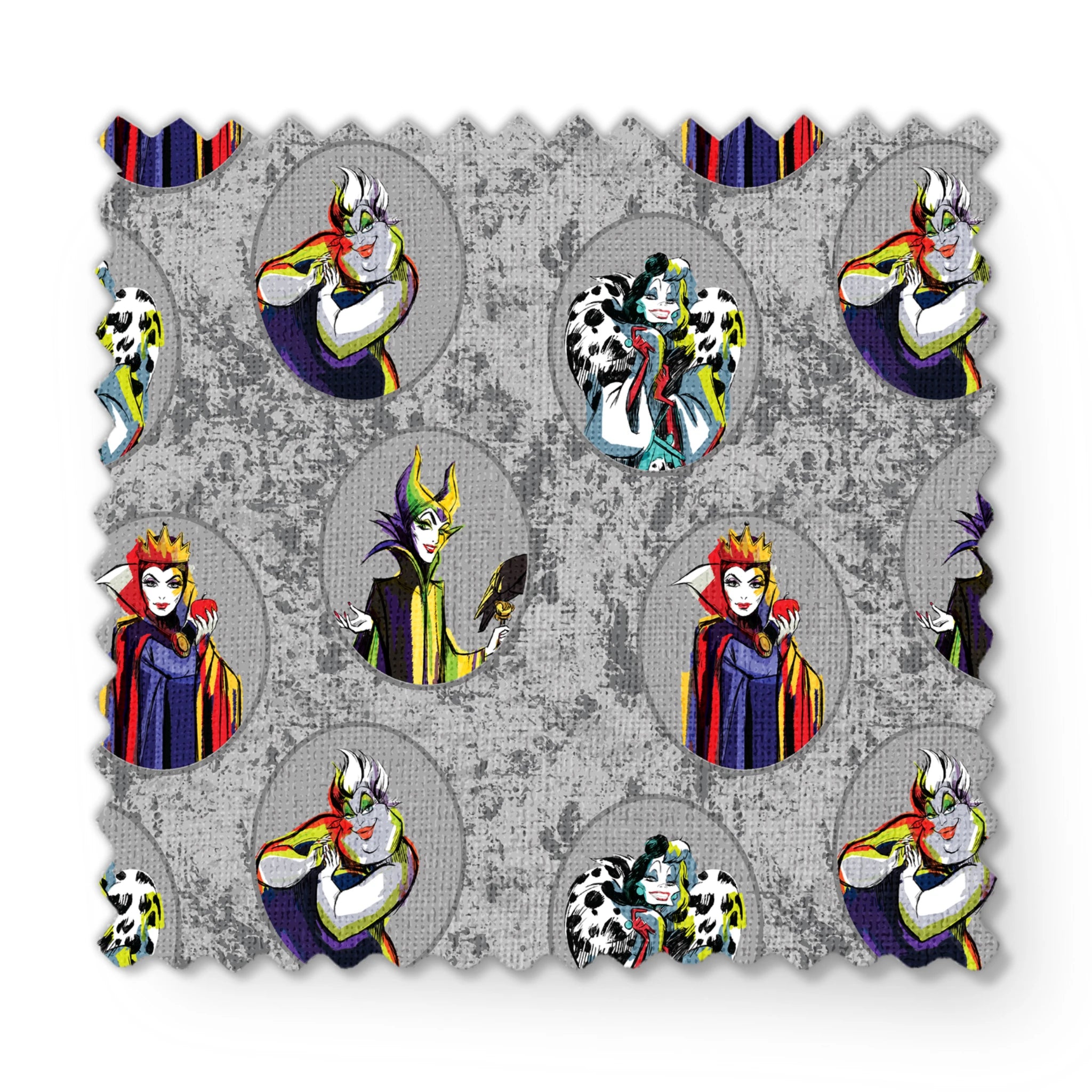 Disney villain characters in oval portraits on gray marbled background, including Ursula, Maleficent, Cruella, and Evil Queen fabric swatch mockup