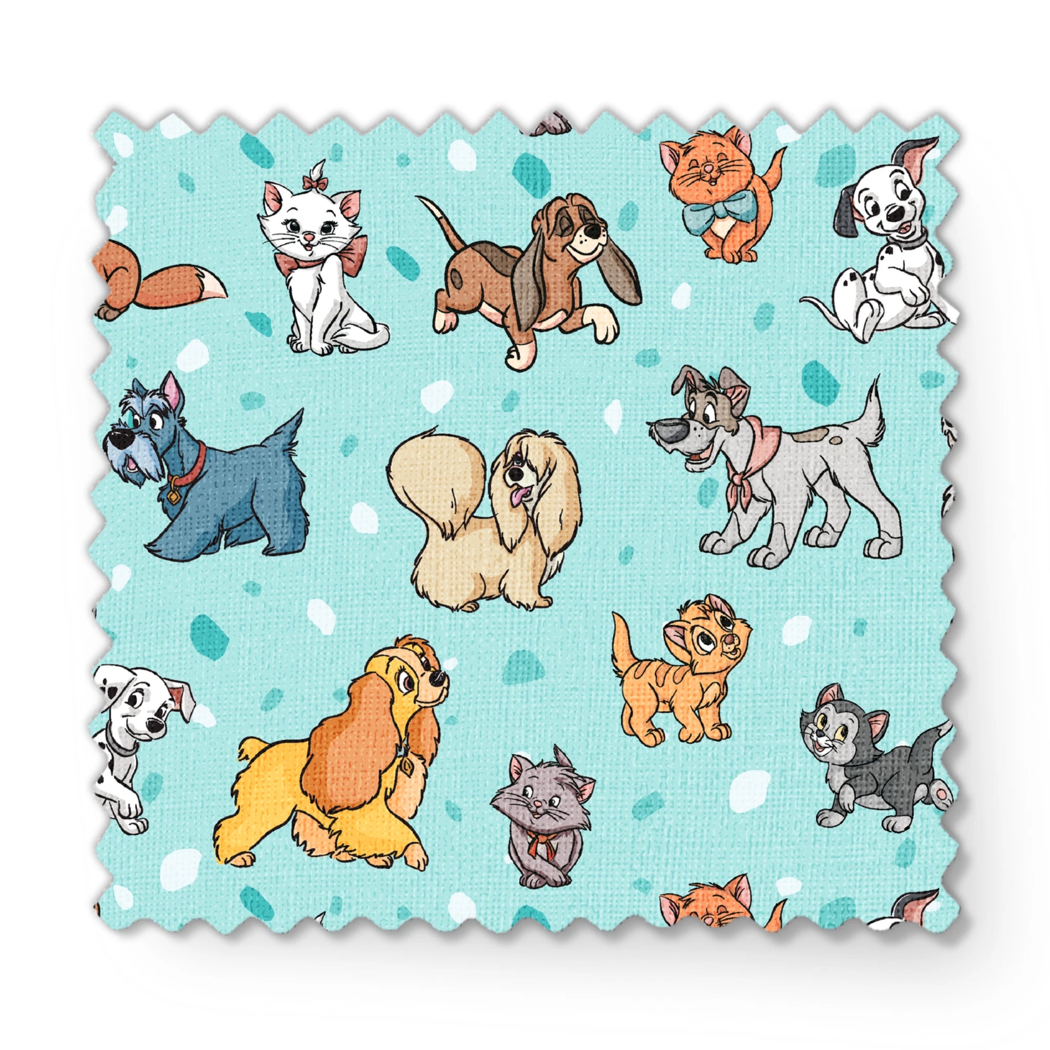 Cartoon-style Disney dogs and cats on a light blue background with scattered spots. fabric swatch mockup