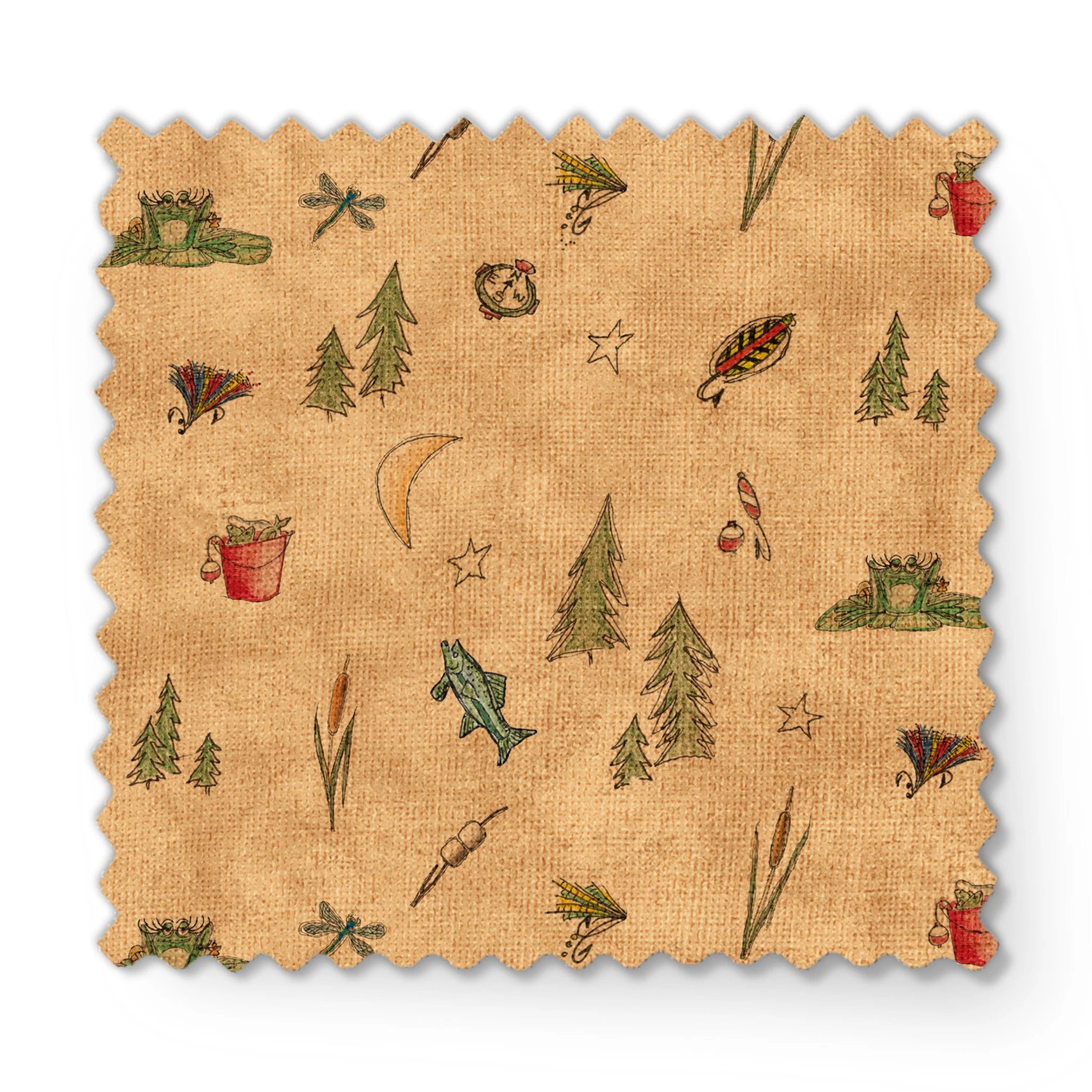 Outdoor camping pattern with tents, trees, lanterns, and nature elements on beige background fabric swatch mockup