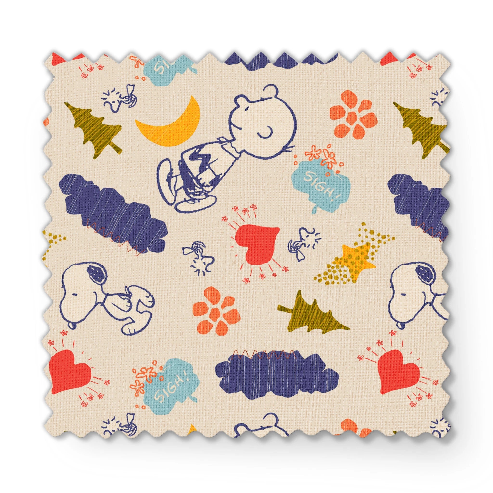 Whimsical Peanuts pattern with trees, clouds, moon, and birds in blue, red, green, and yellow on cream background. fabric swatch mockup