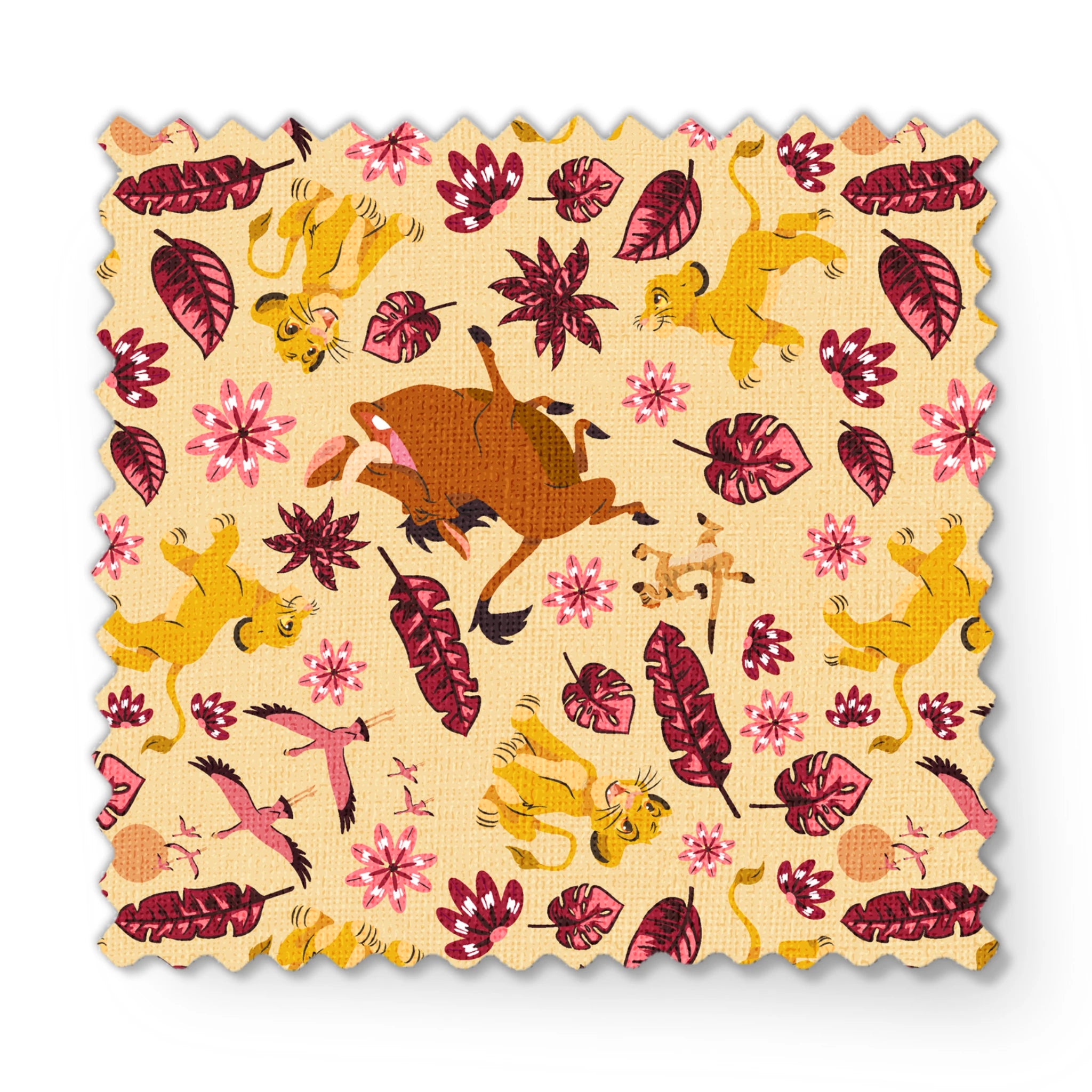Decorative pattern with lions, gazelles, and boars in yellows and browns among maroon leaves and pink flowers fabric swatch mockup
