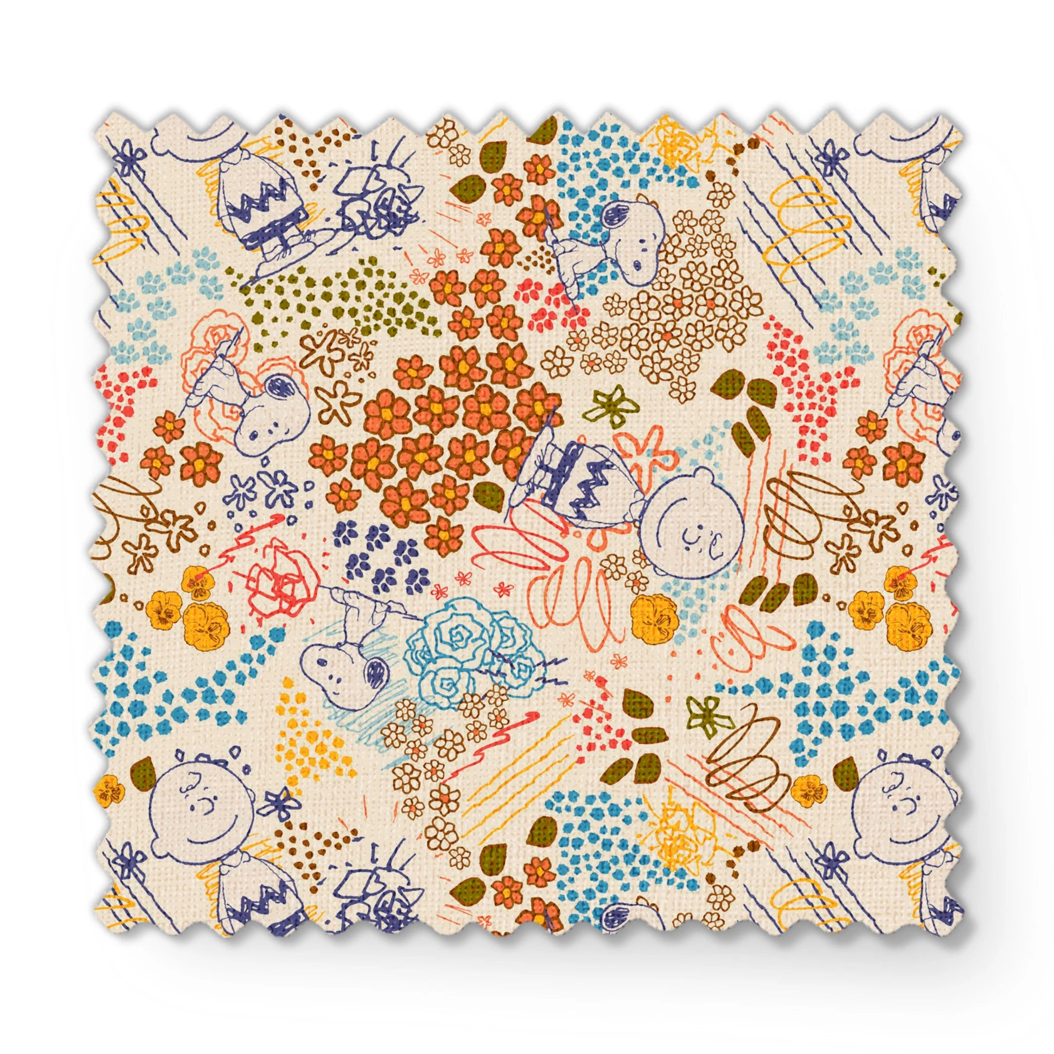 Colorful pattern with Peanuts characters sketches, floral designs, and dots in orange, blue, yellow, and green on a cream background fabric swatch mockup