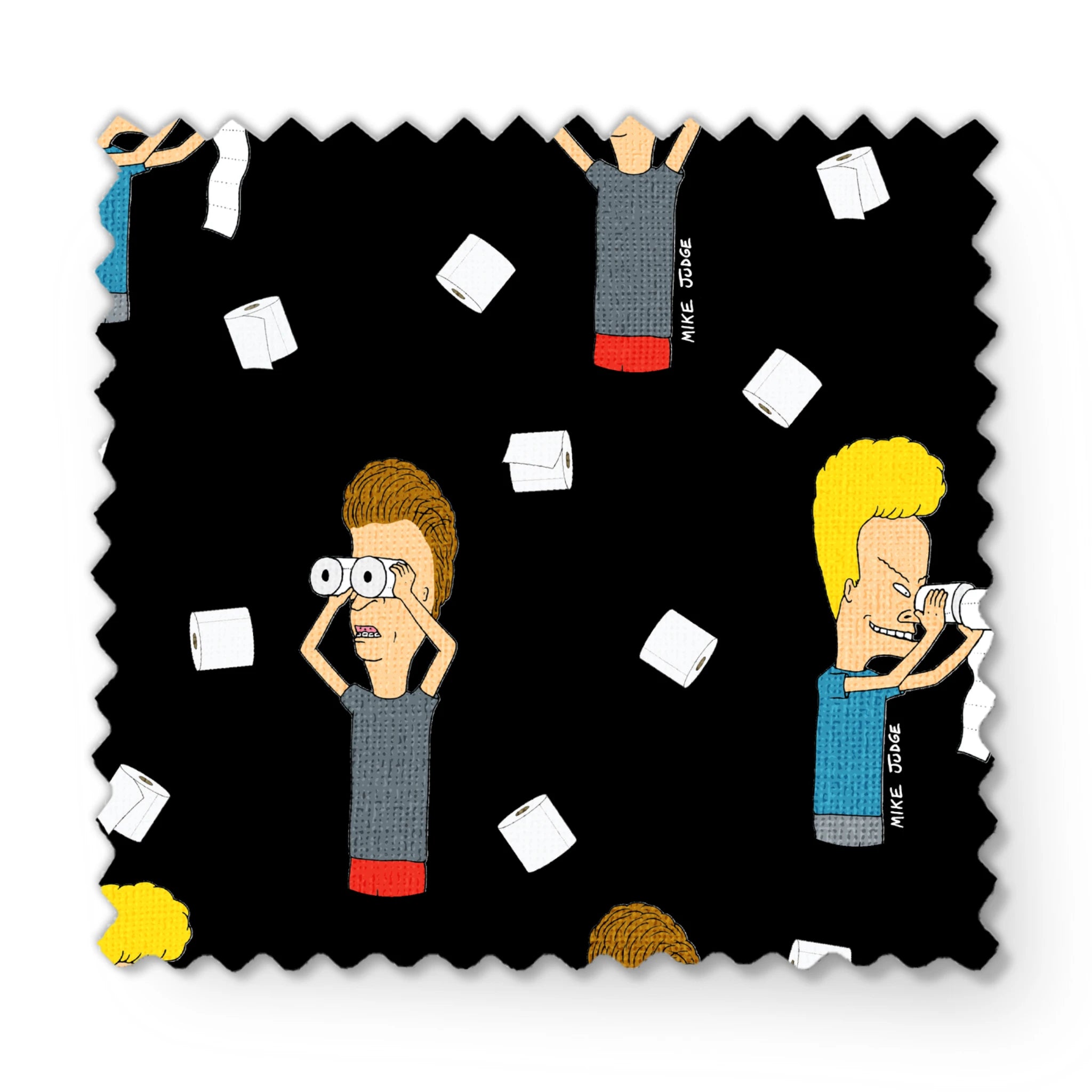 Cartoon characters with exaggerated features on black background with white squares scattered throughout the pattern fabric swatch mockup