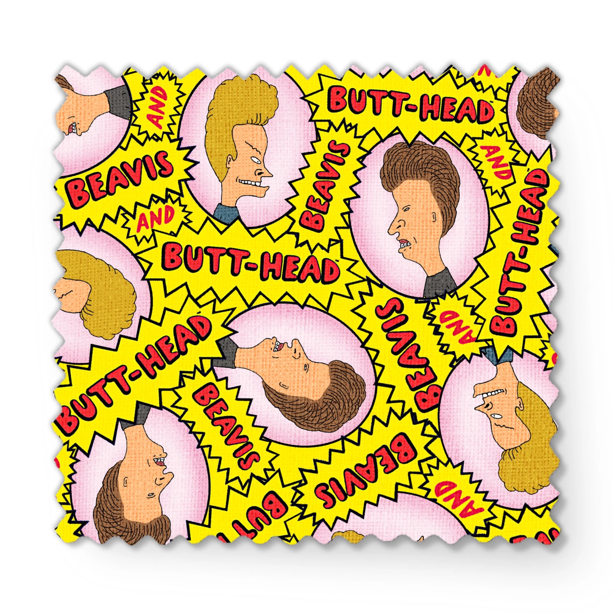 Yellow pattern with cartoon characters and text "BEAVIS" and "BUTT-HEAD" in comic-style speech bubbles repeated throughout fabric swatch mockup