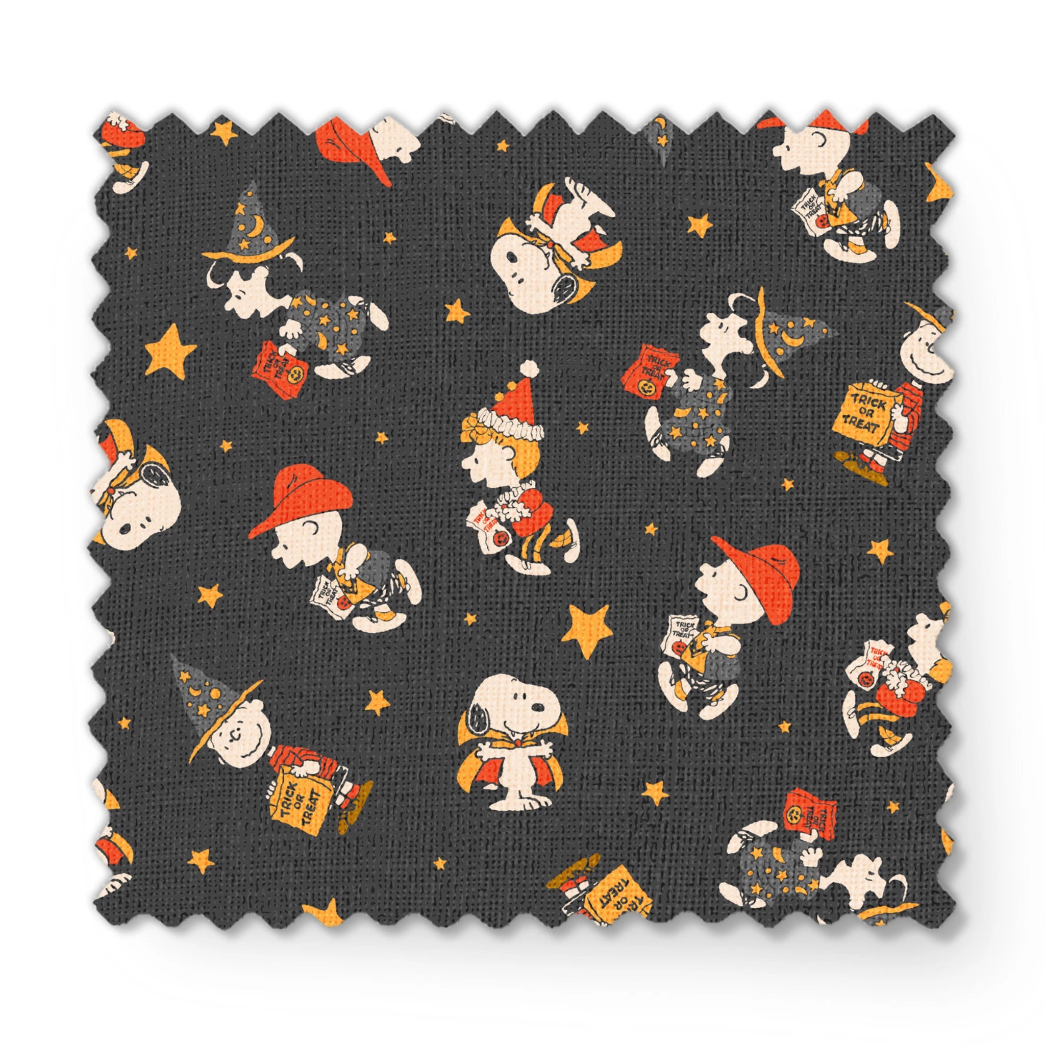 Snoopy cartoon pattern on dark gray background with characters in Halloween costumes and golden stars fabric swatch mockup